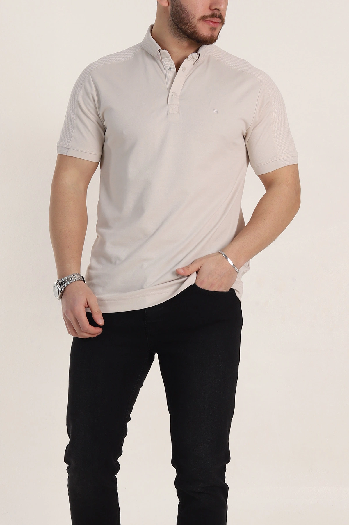 Krem Regular Fit Parçalı Polo Yaka Erkek Tişört 346726