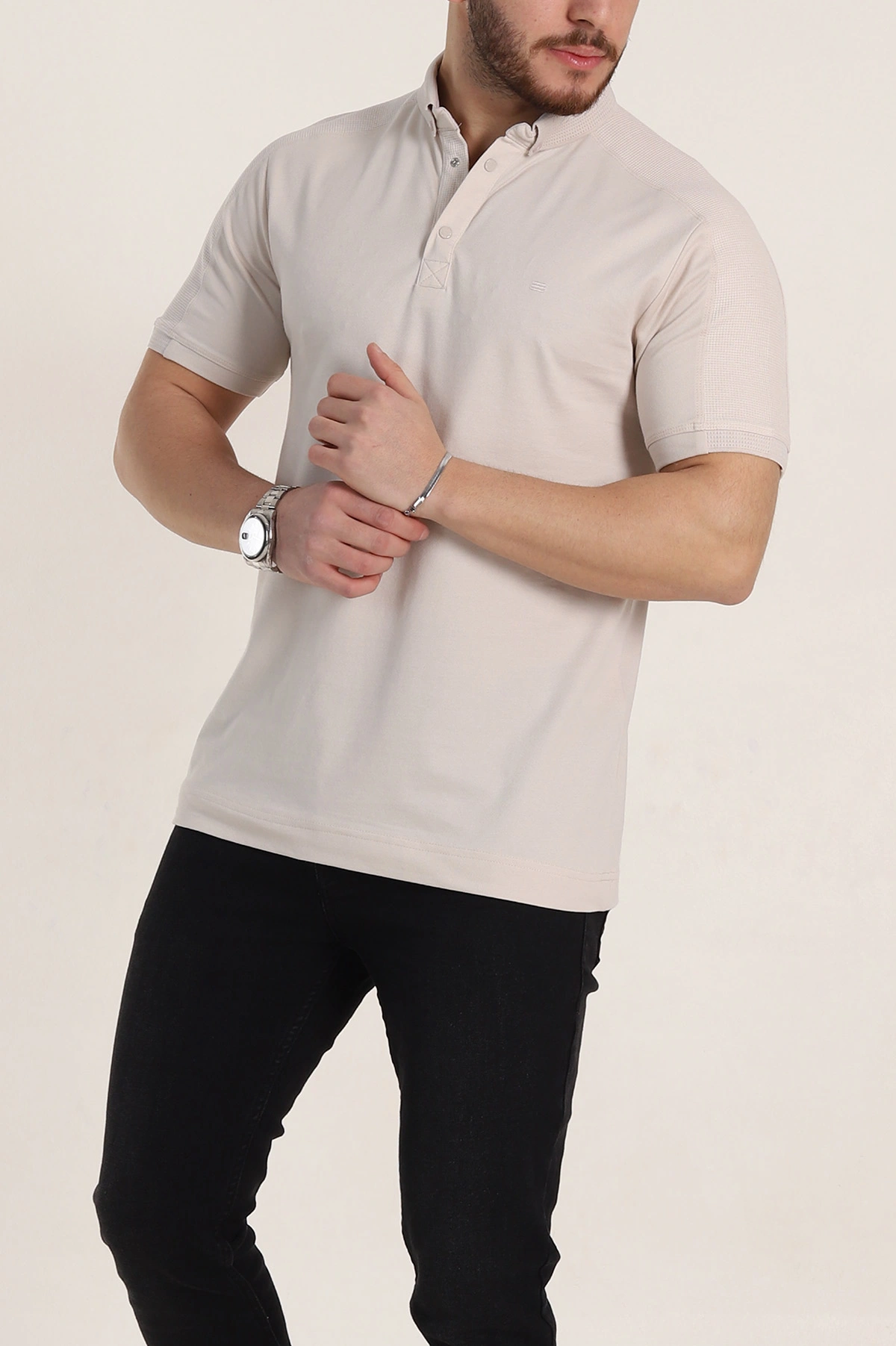 Krem Regular Fit Parçalı Polo Yaka Erkek Tişört 346726