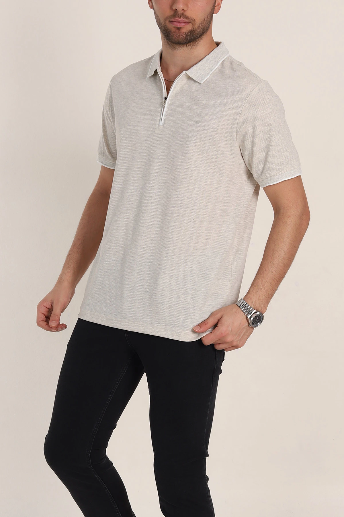 Krem Regular Fit Petek Dokulu Polo Yaka Erkek Tişört 349895