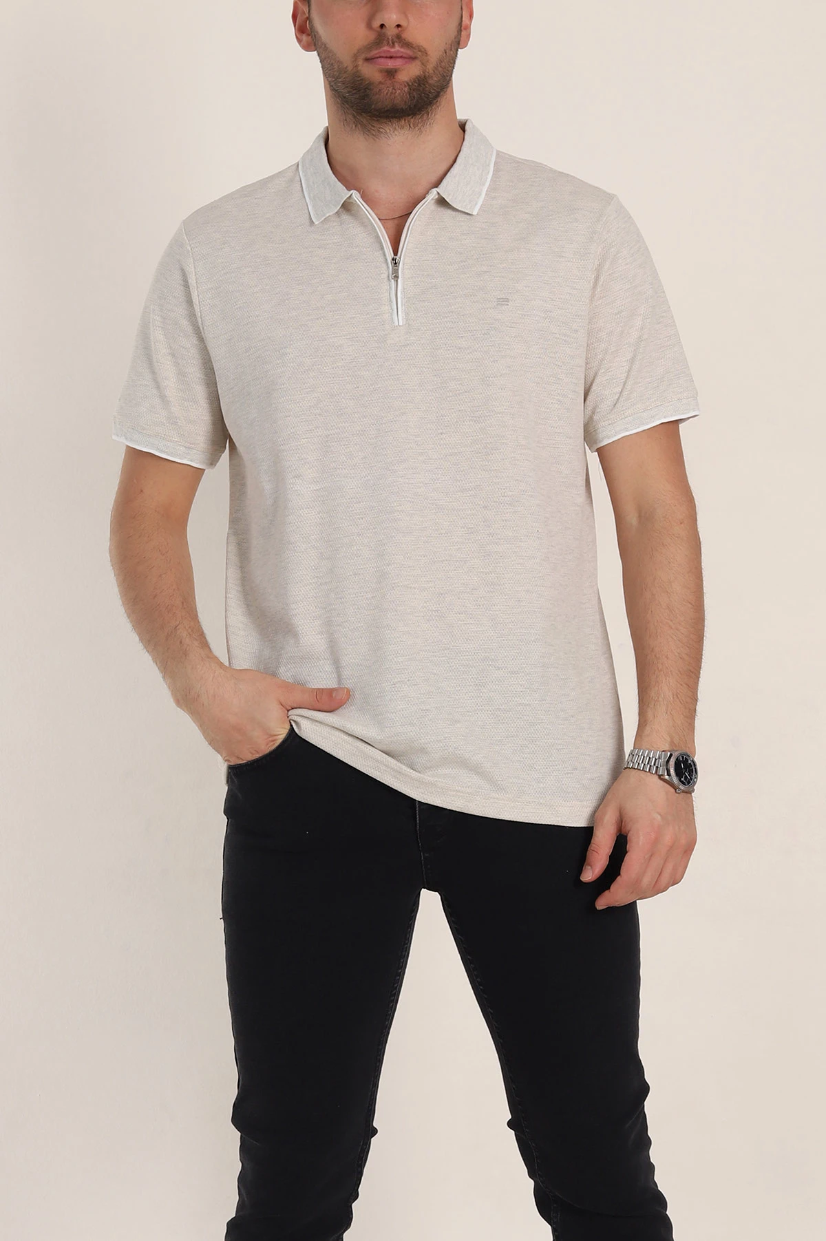 Krem Regular Fit Petek Dokulu Polo Yaka Erkek Tişört 349895