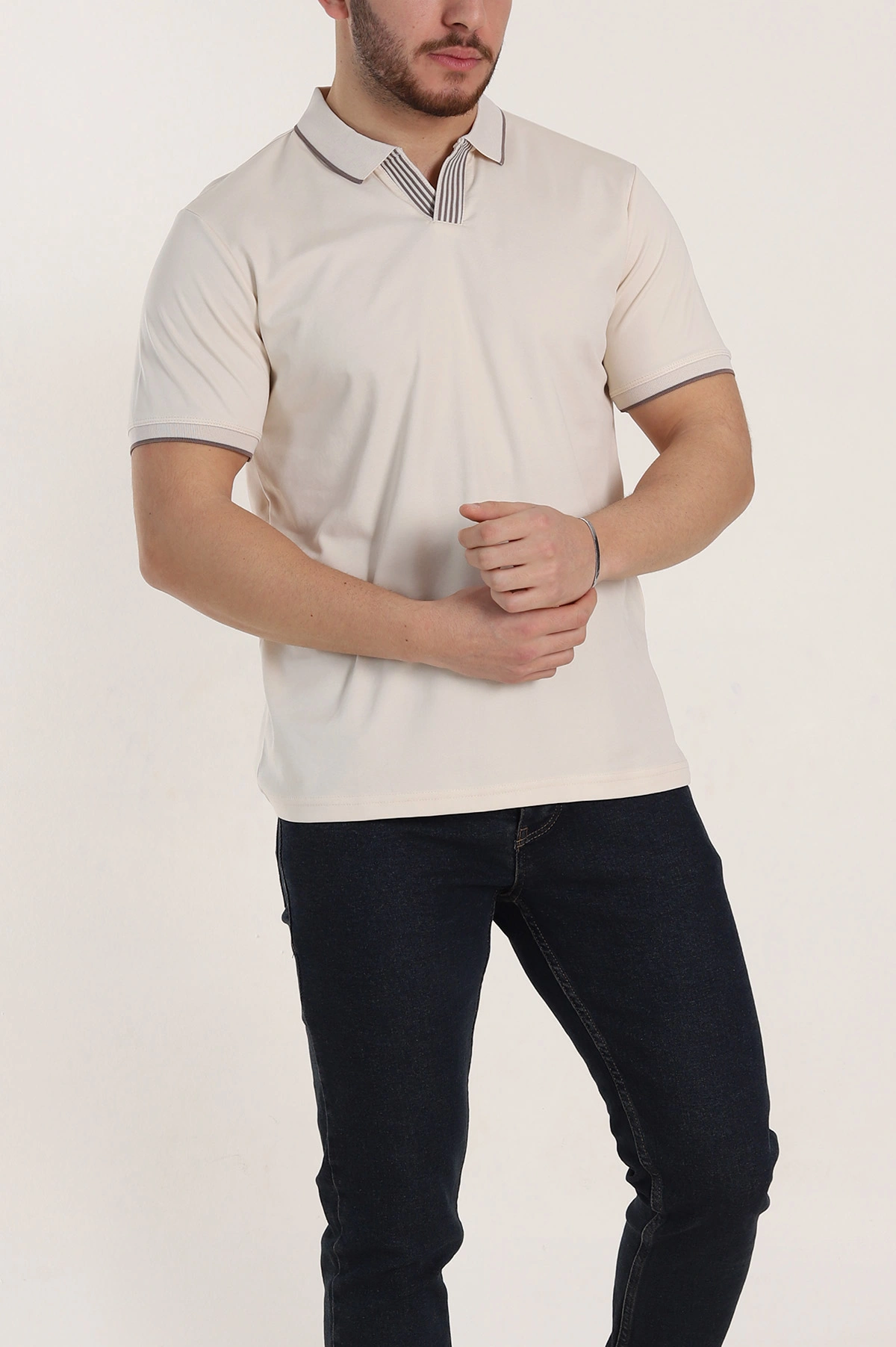 Krem Regular Fit Polo Yaka Erkek Tişört 338471