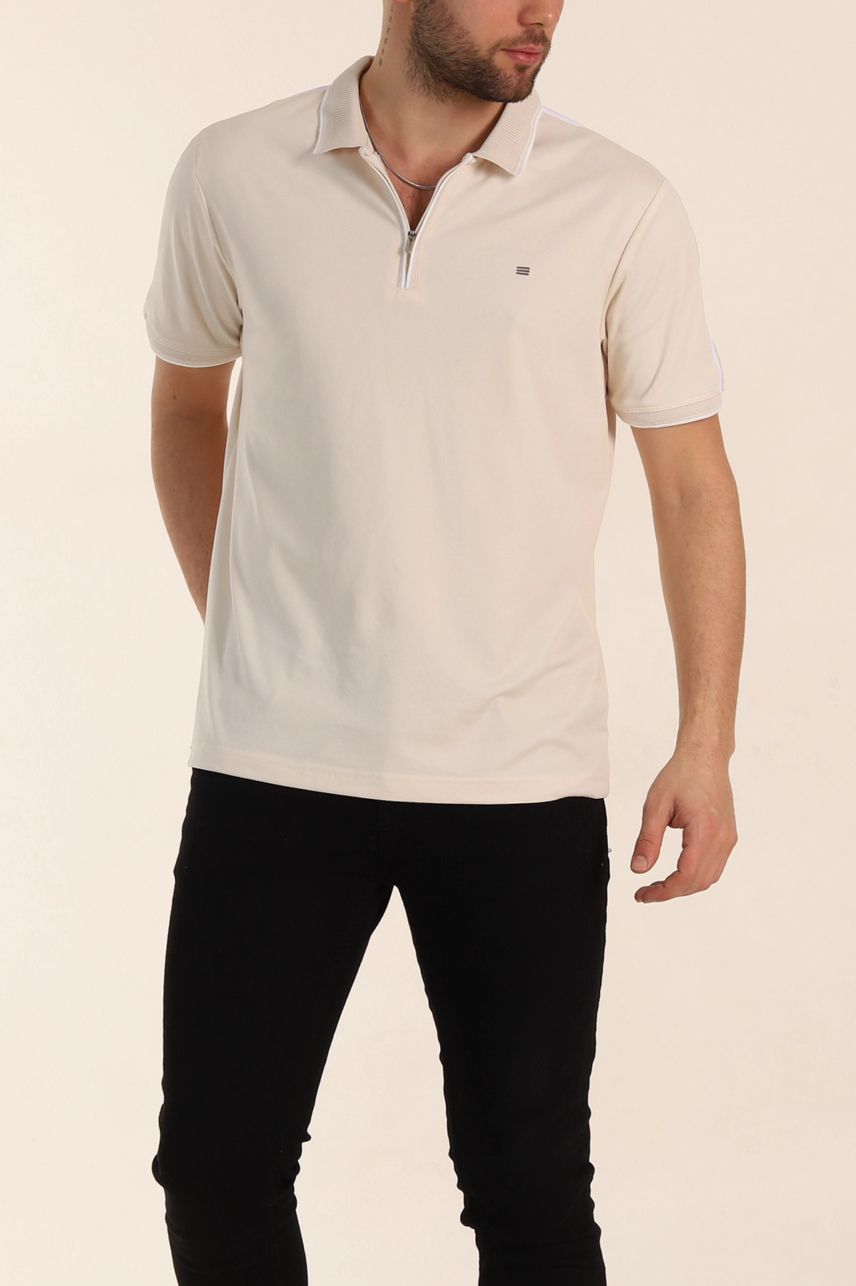 Krem Regular Fit Şerit Detaylı Polo Yaka Erkek Tişört 338447