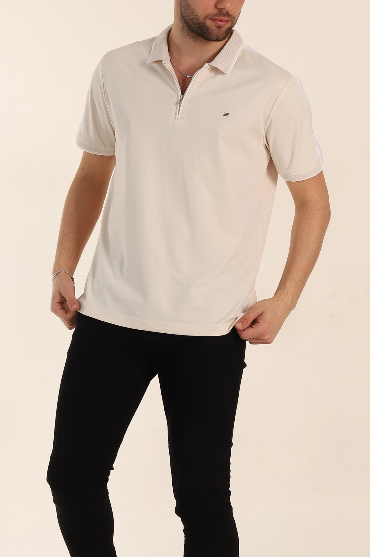 Krem Regular Fit Şerit Detaylı Polo Yaka Erkek Tişört 338447
