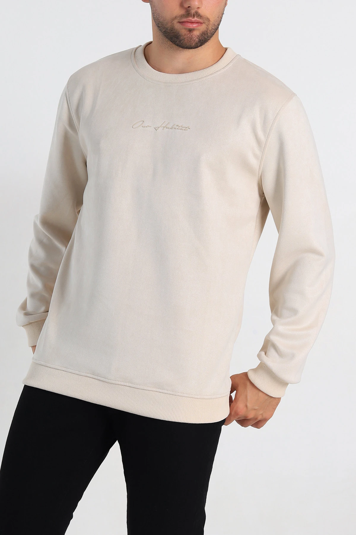 Krem Regular Fit Süet Kabartma Yazı Detaylı Erkek Sweatshirt 305857
