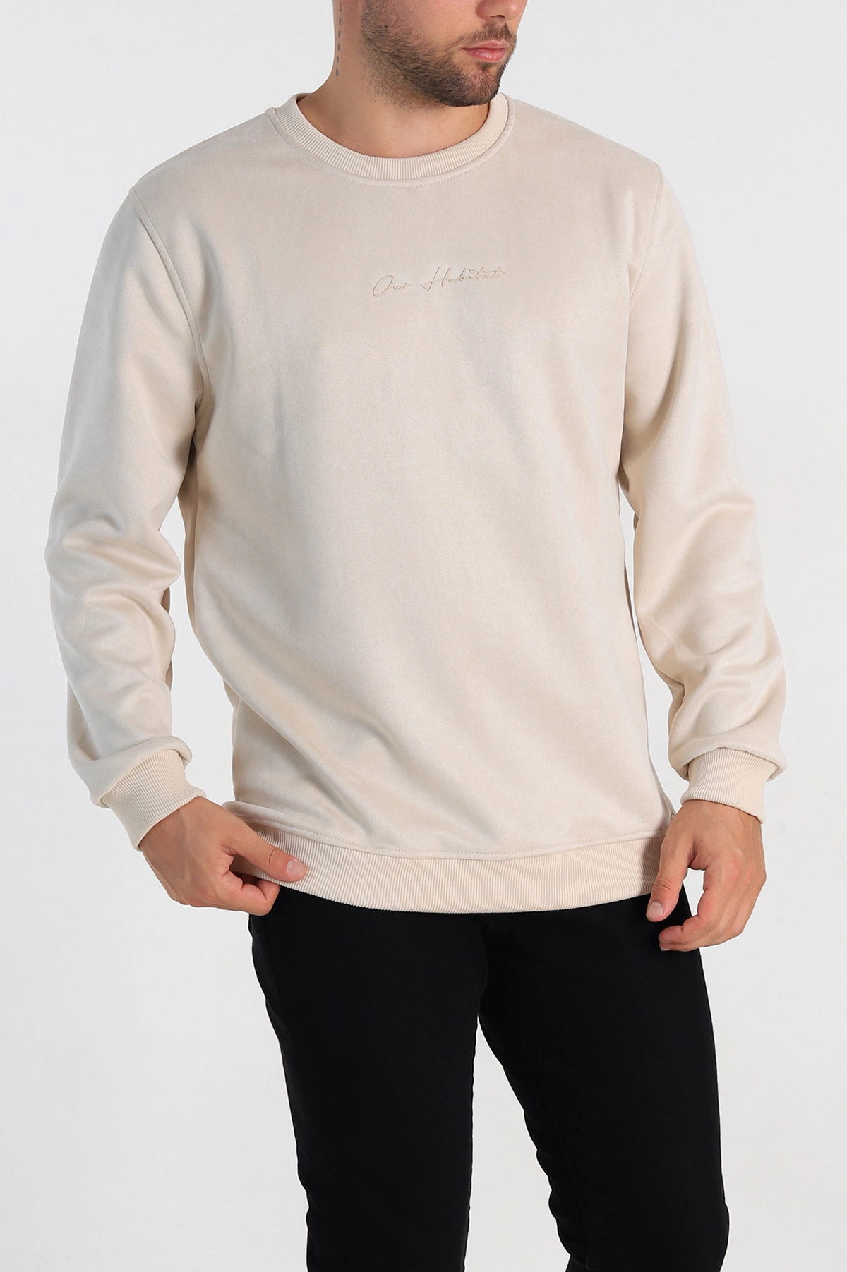Krem Regular Fit Süet Kabartma Yazı Detaylı Erkek Sweatshirt 305857