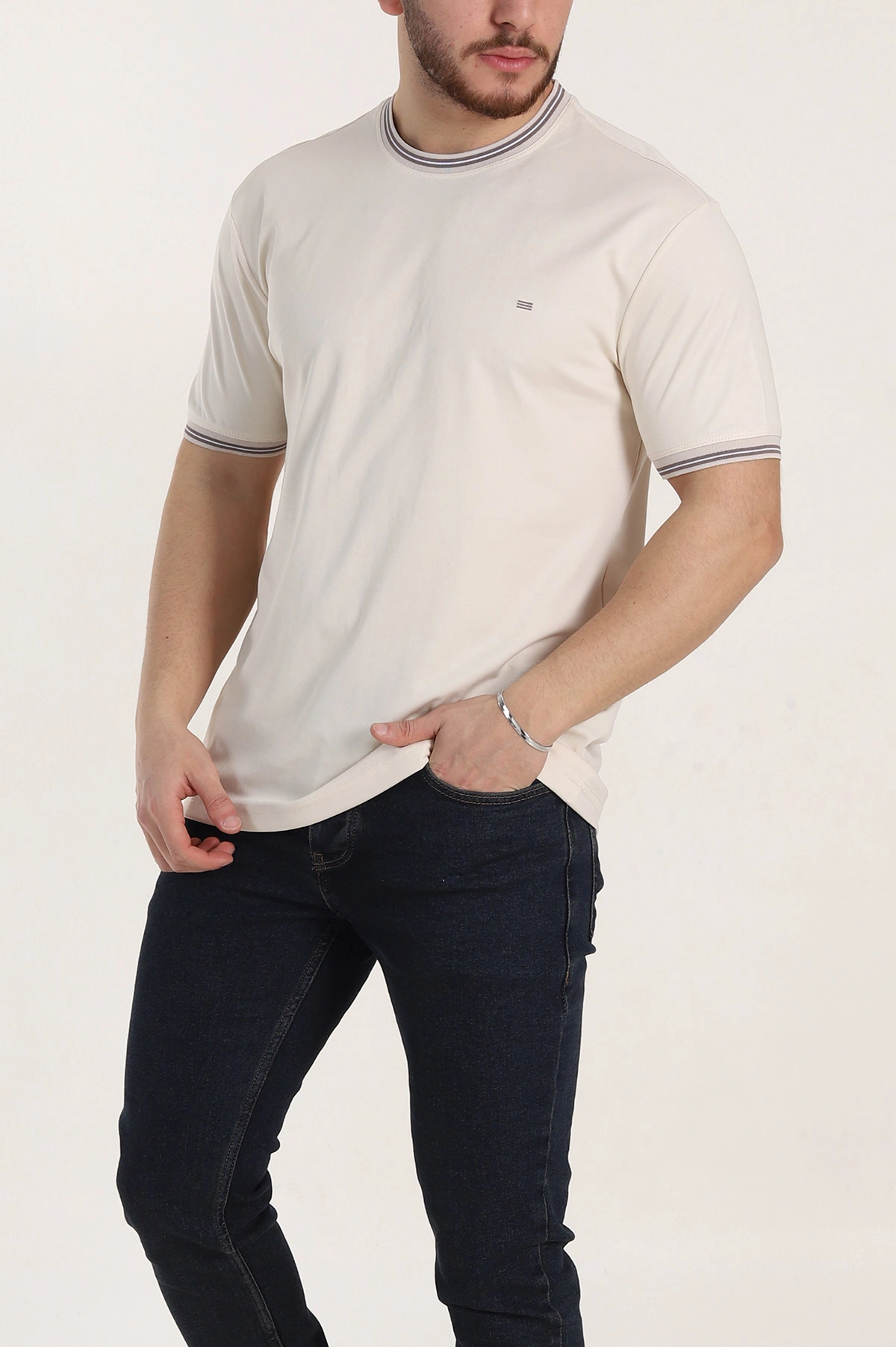 Krem Regular Fit Triko Yaka Basic Erkek Tişört 342361