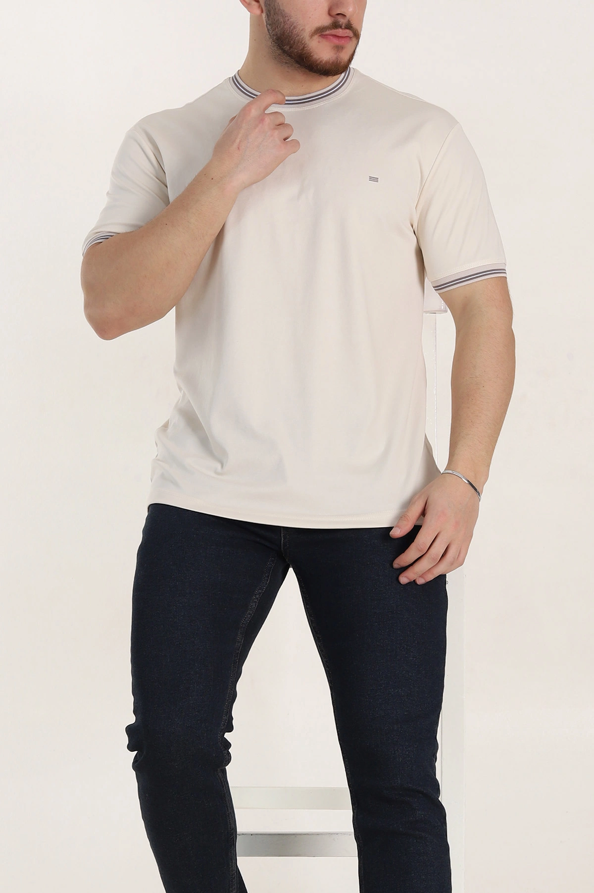 Krem Regular Fit Triko Yaka Basic Erkek Tişört 342361