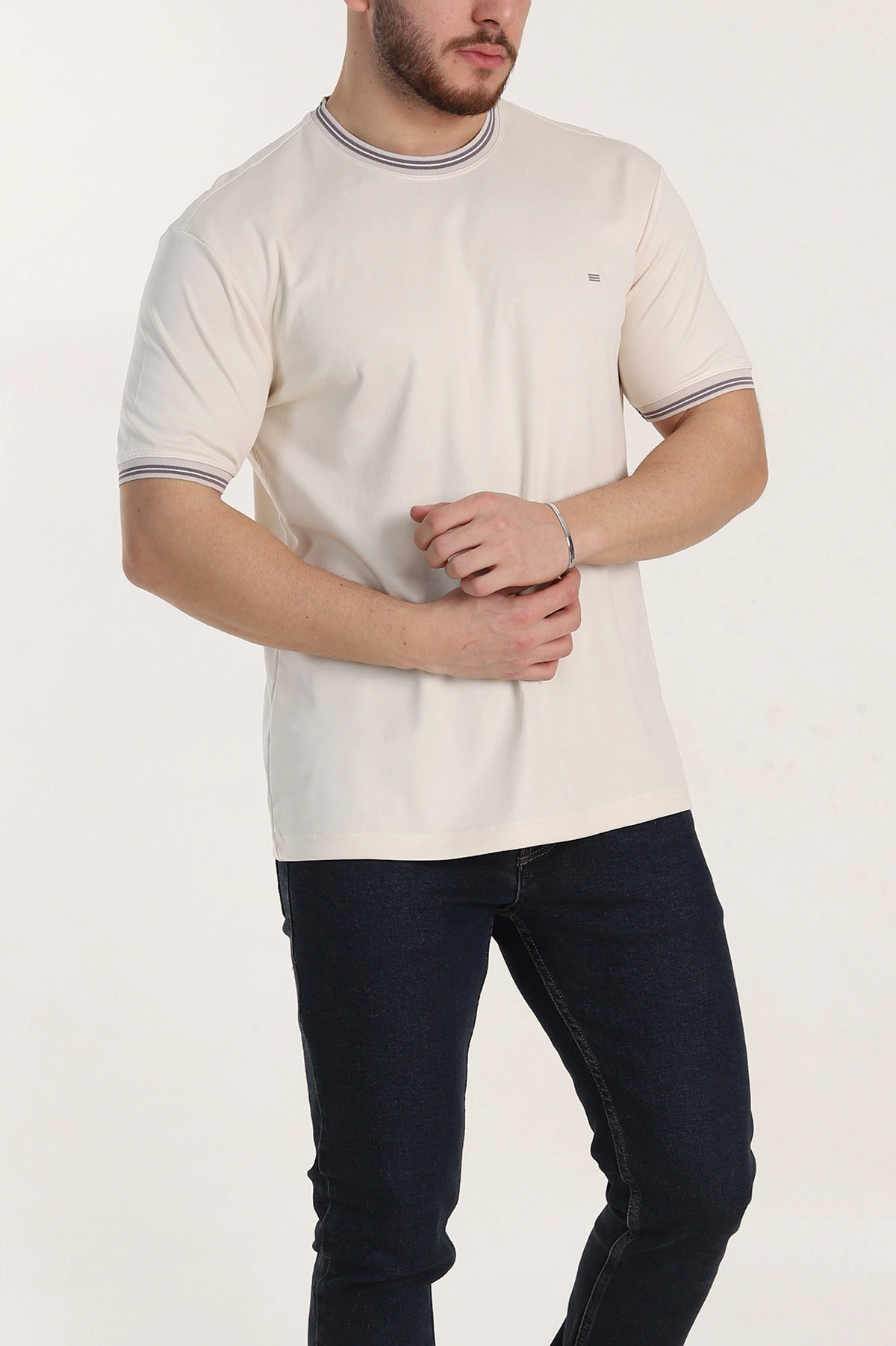 Krem Regular Fit Triko Yaka Basic Erkek Tişört 342361