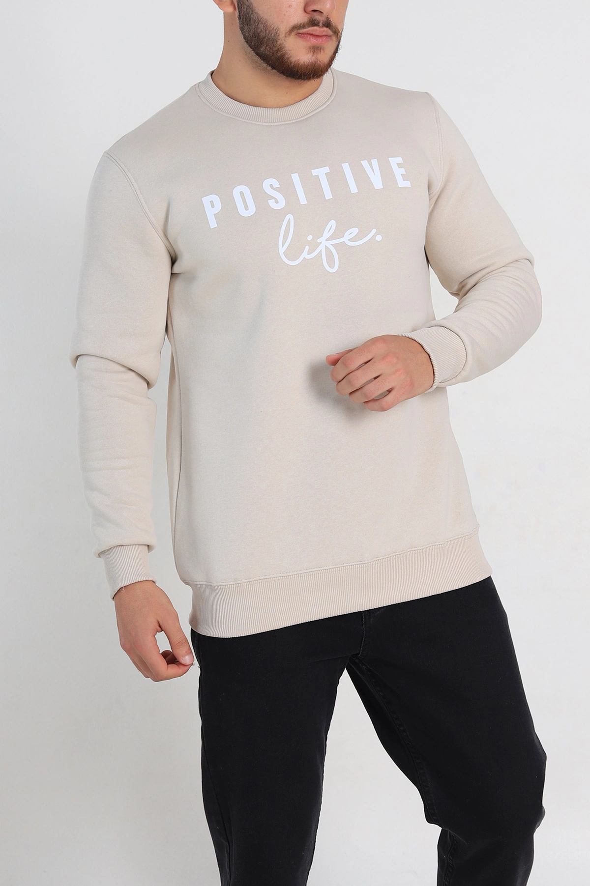 Krem Regular Fit Üç İp Şardonlu Yazı Detay Erkek Sweatshirt 308901