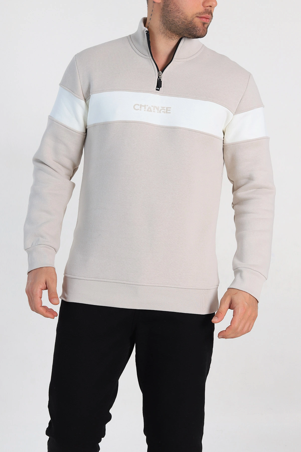 Krem Regular Fit Üç İp Şardonlu Yazı Detay Yarım Fermuarlı Erkek Sweatshirt 308894