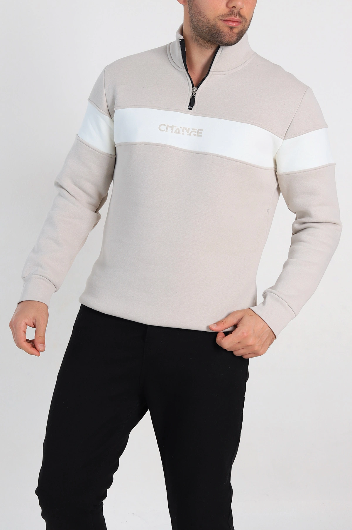 Krem Regular Fit Üç İp Şardonlu Yazı Detay Yarım Fermuarlı Erkek Sweatshirt 308894