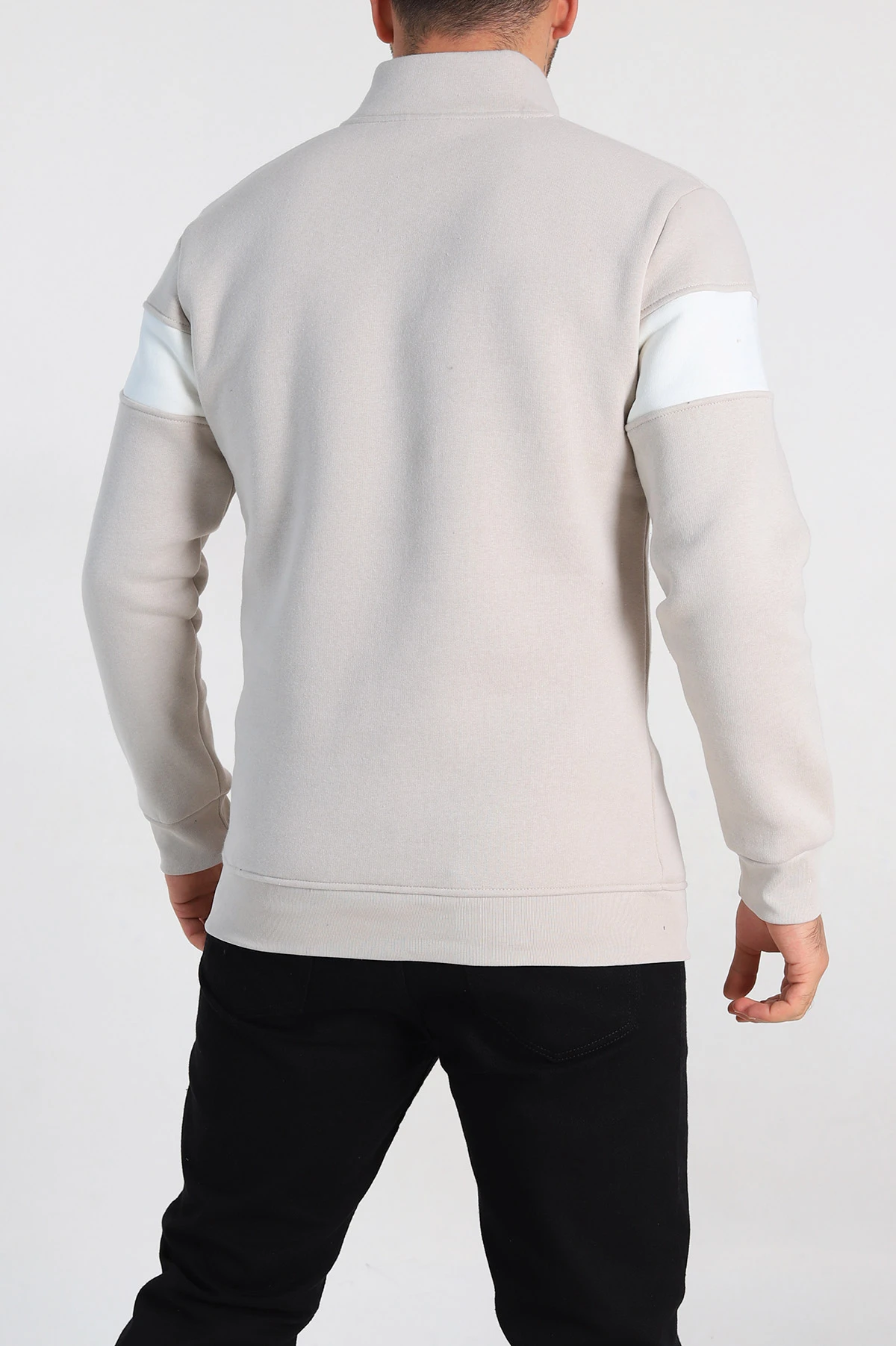 Krem Regular Fit Üç İp Şardonlu Yazı Detay Yarım Fermuarlı Erkek Sweatshirt 308894