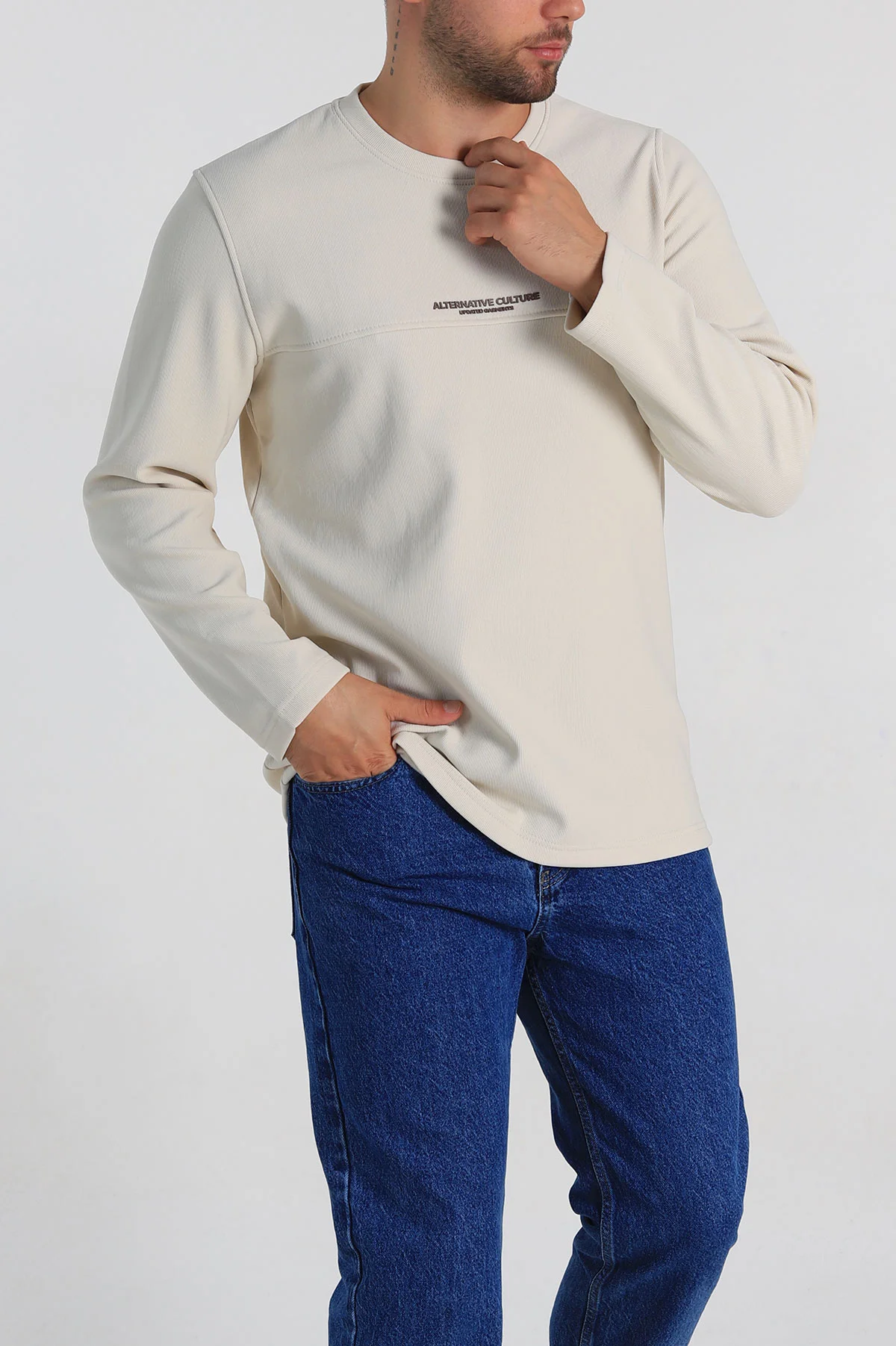 Krem Regular Fit Yazı Detay Erkek Sweatshirt 305881