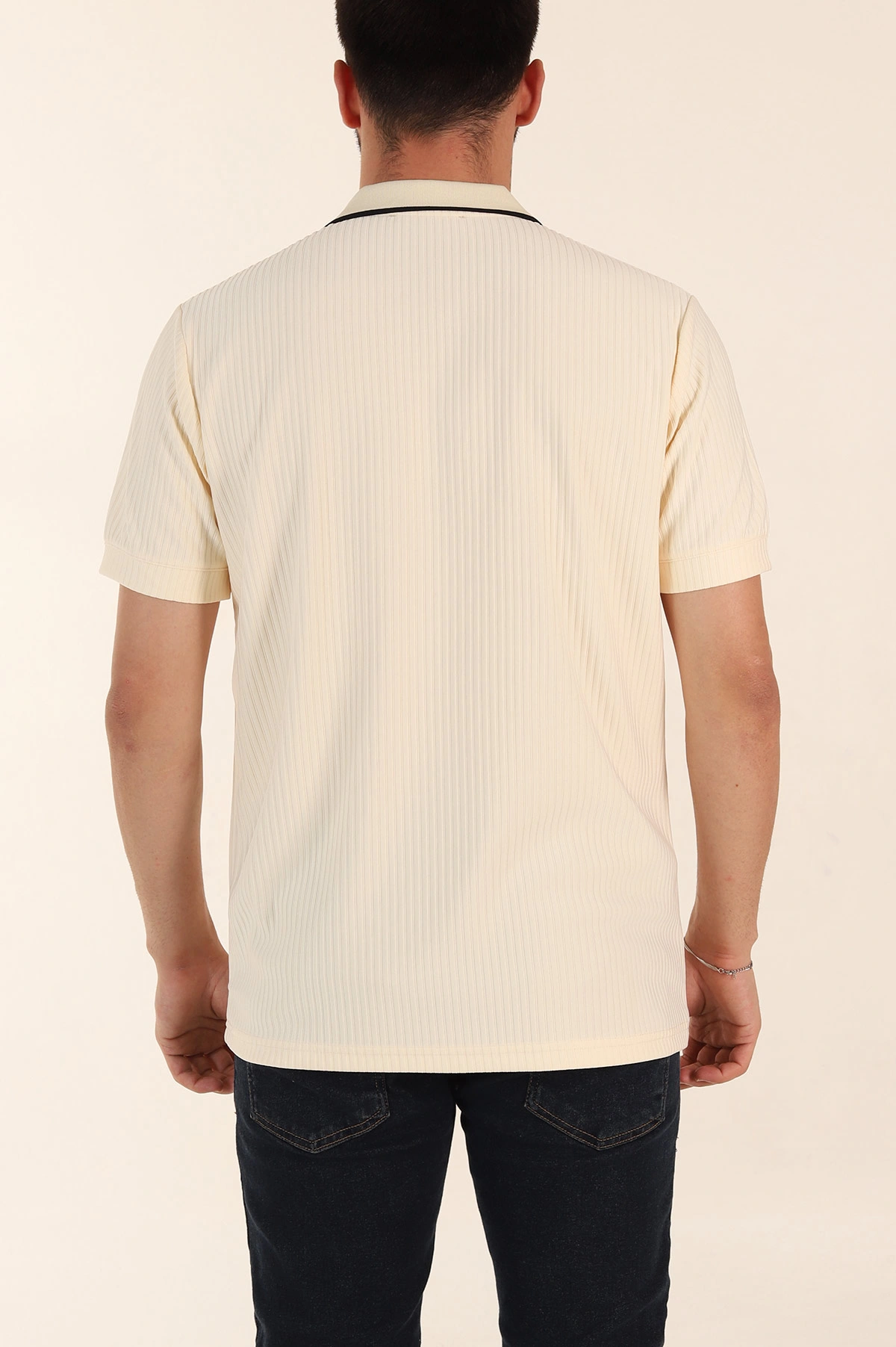 Krem Relaxed Fit Çizgili Fermuarlı Polo Yaka Erkek Tişört 370338