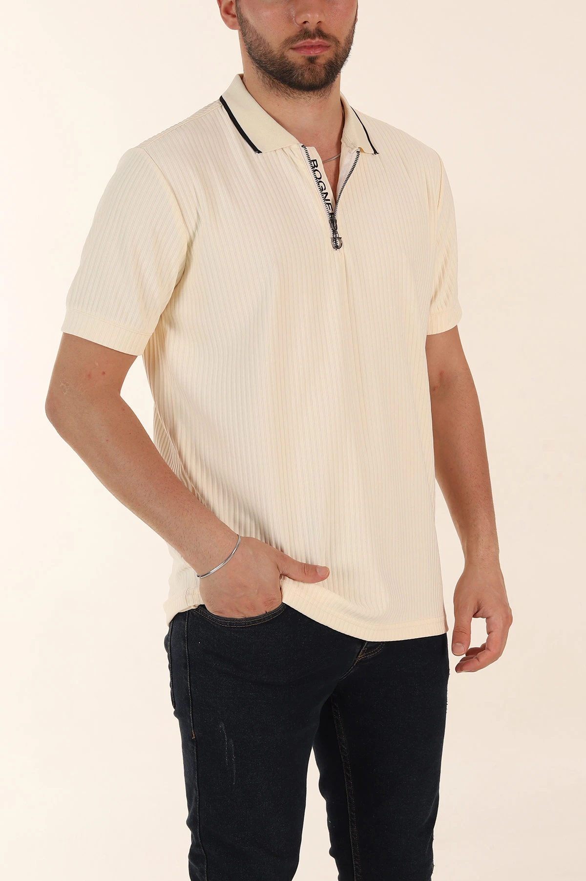 Krem Relaxed Fit Çizgili Fermuarlı Polo Yaka Erkek Tişört 370338