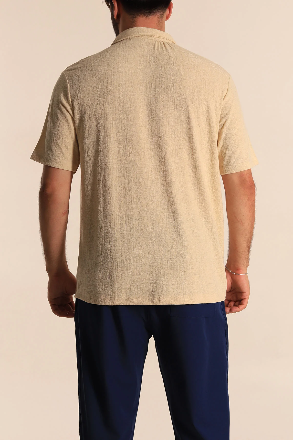 Krem Relaxed Fit Desenli Fermuarlı Polo Yaka Erkek Tişört 279210
