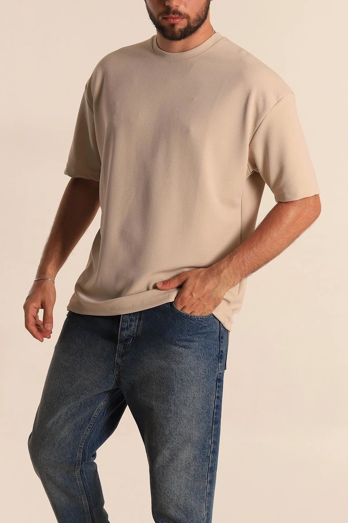 Krem Relaxed Fit Dokulu Basic Erkek Tişört 278883
