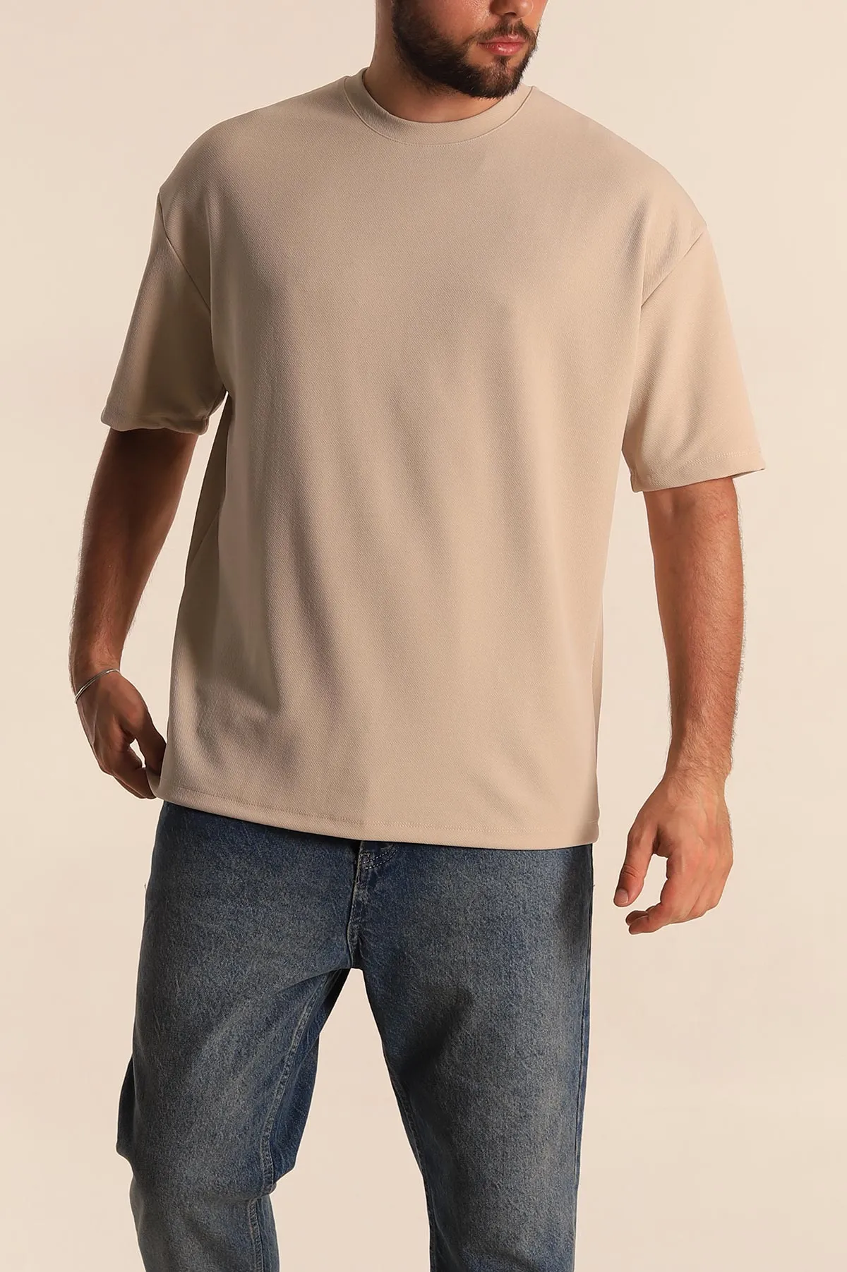 Krem Relaxed Fit Dokulu Basic Erkek Tişört 278883