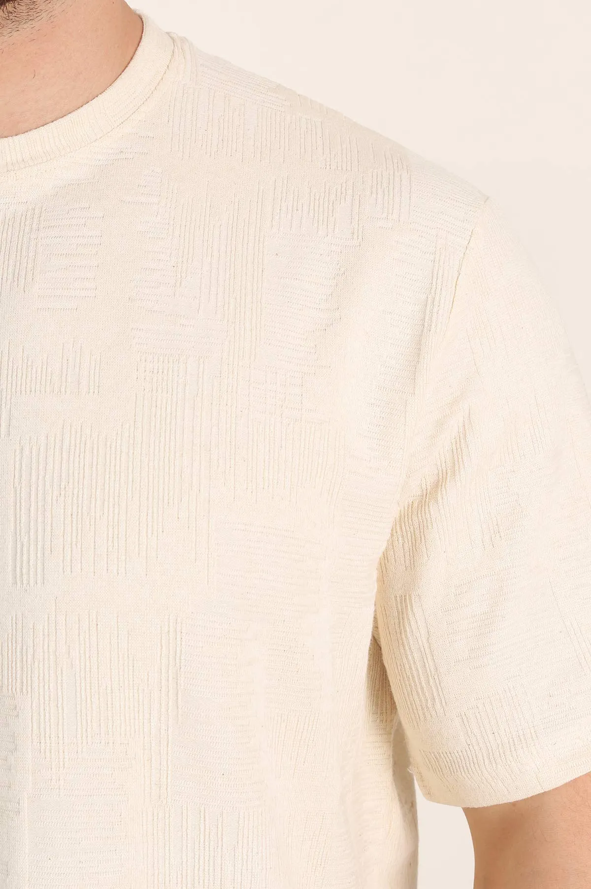 Krem Relaxed Fit Dokulu Erkek Tişört 358014