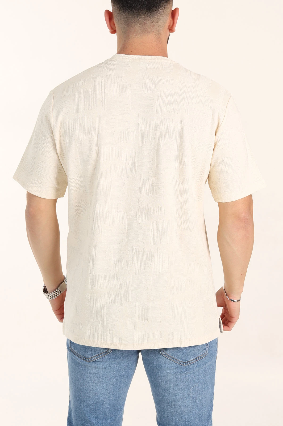 Krem Relaxed Fit Dokulu Erkek Tişört 358014