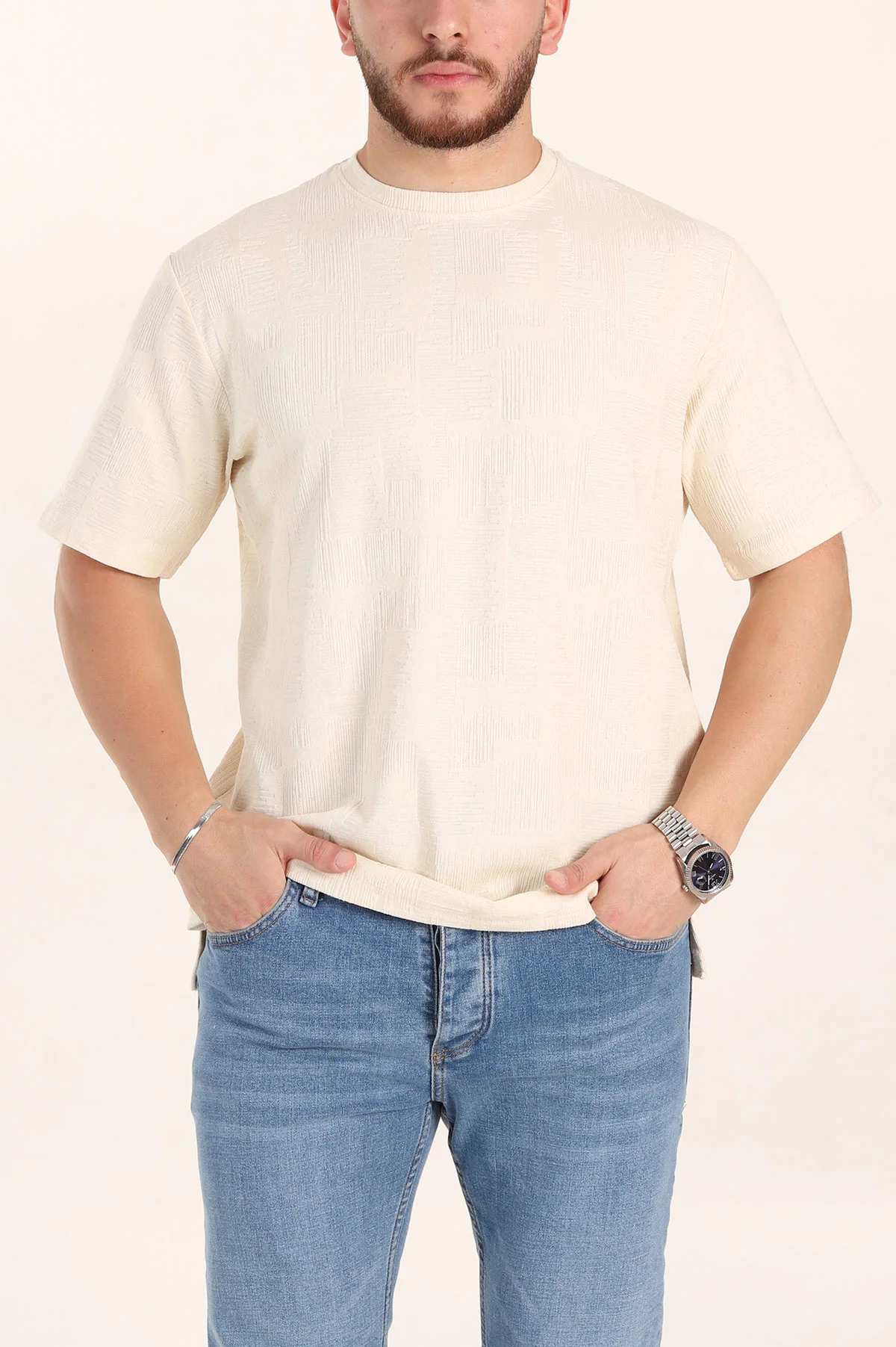 Krem Relaxed Fit Dokulu Erkek Tişört 358014