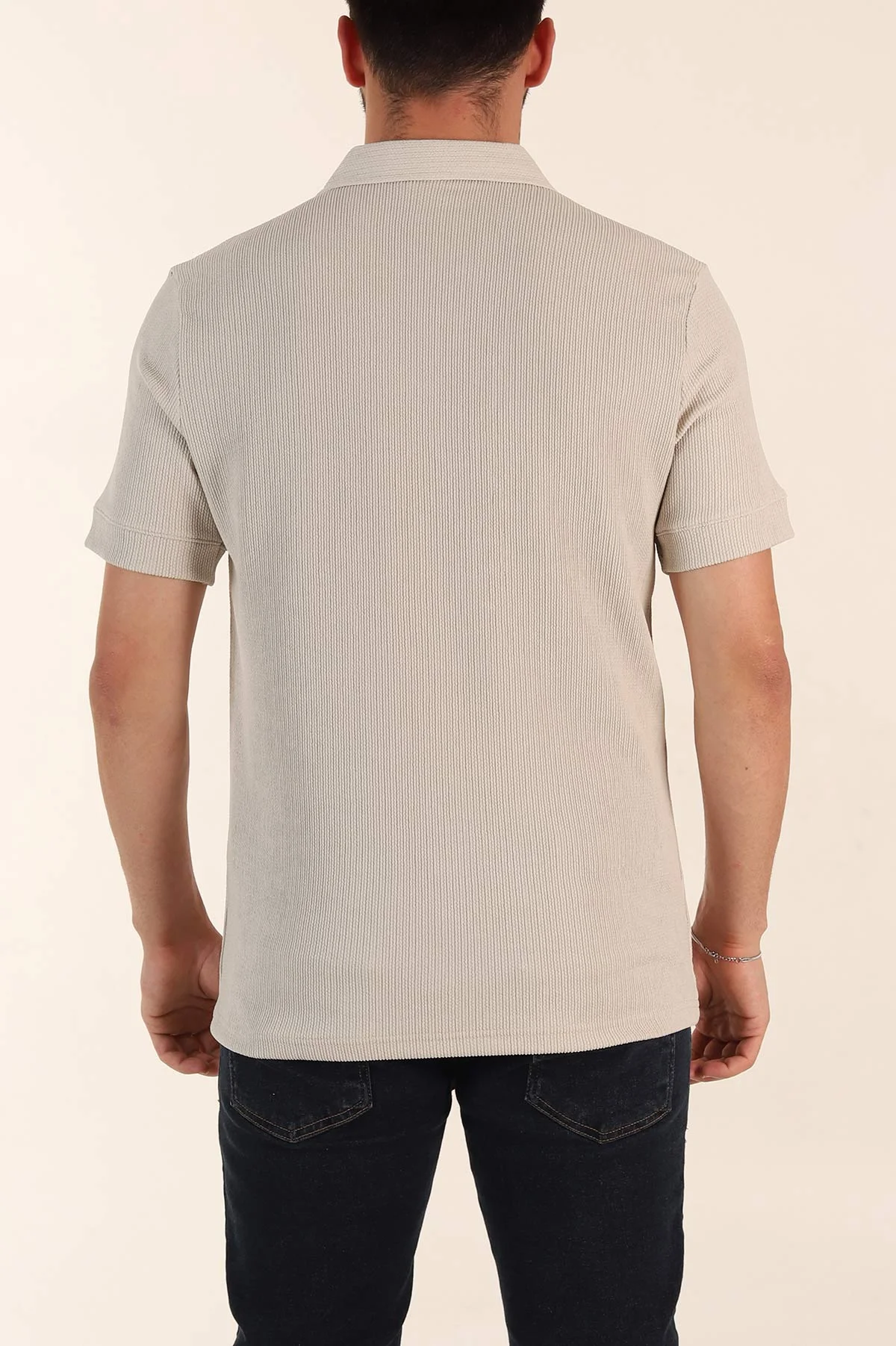 Krem Relaxed Fit Dokulu Patlı Polo Yaka Erkek Tişört 370266