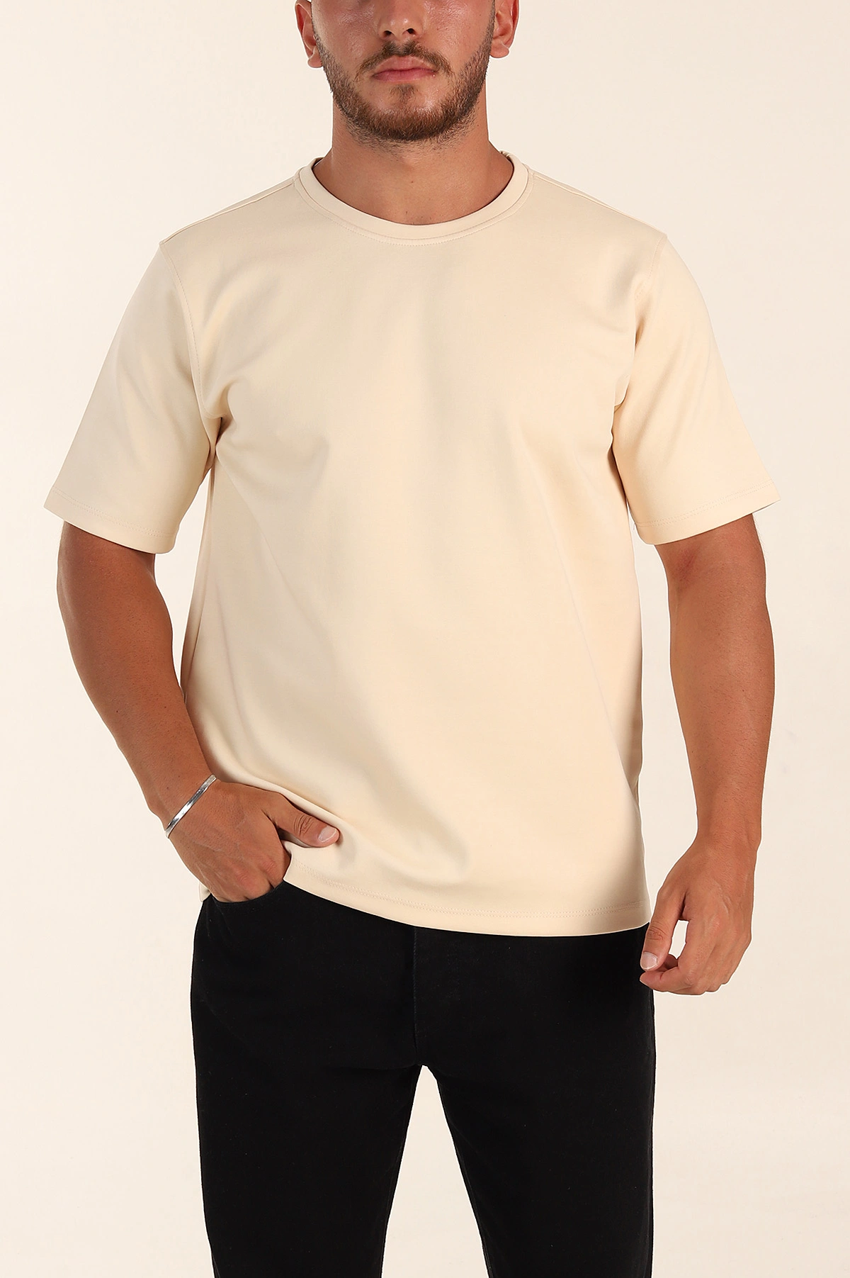 Krem Relaxed Fit Double Face Basic Erkek Tişört 348938