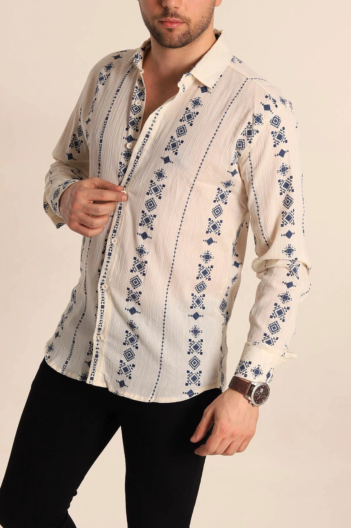 Krem Relaxed Fit Etnik Desenli Erkek Keten Gömlek 256979