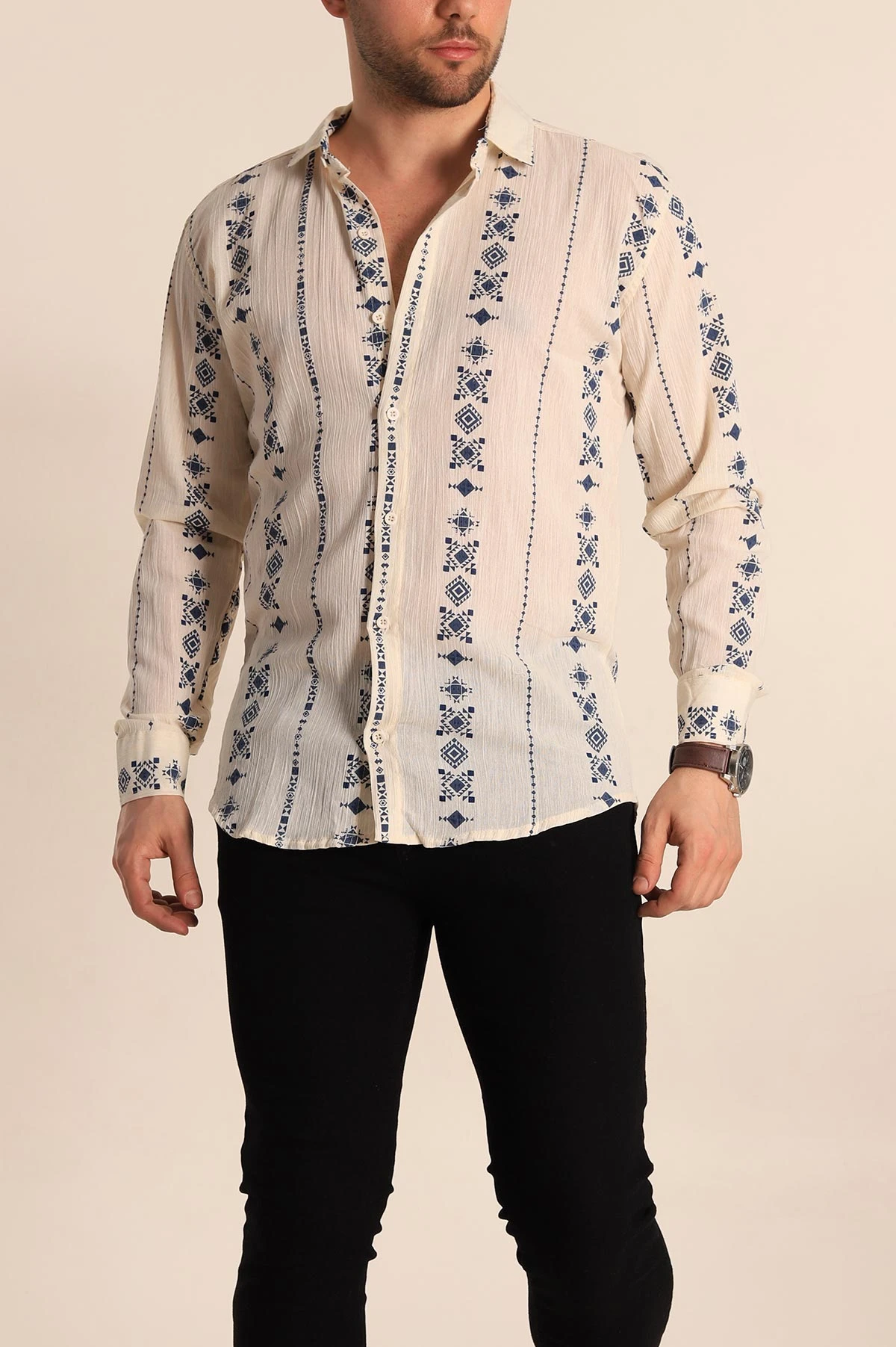 Krem Relaxed Fit Etnik Desenli Erkek Keten Gömlek 256979