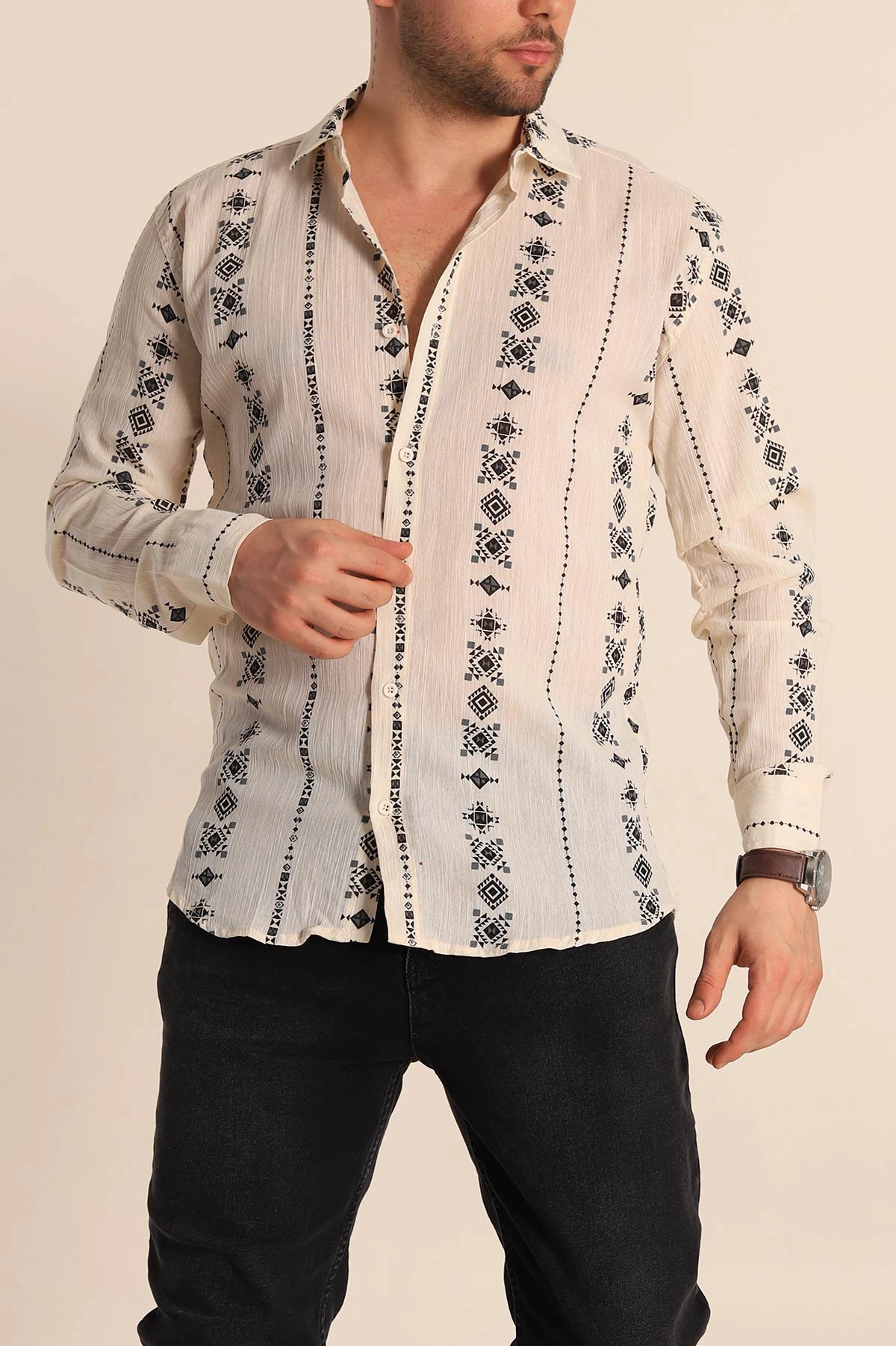 Krem Relaxed Fit Etnik Desenli Erkek Keten Gömlek 256980