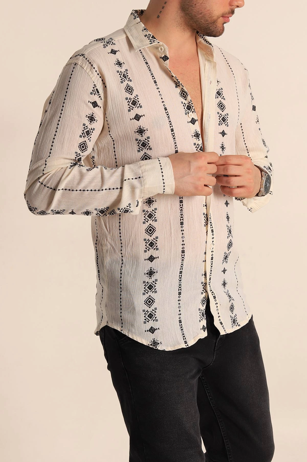 Krem Relaxed Fit Etnik Desenli Erkek Keten Gömlek 256980