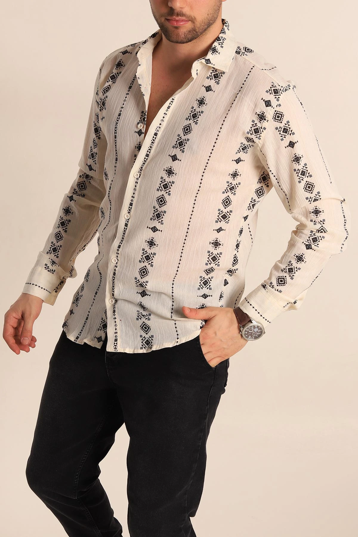 Krem Relaxed Fit Etnik Desenli Erkek Keten Gömlek 256980