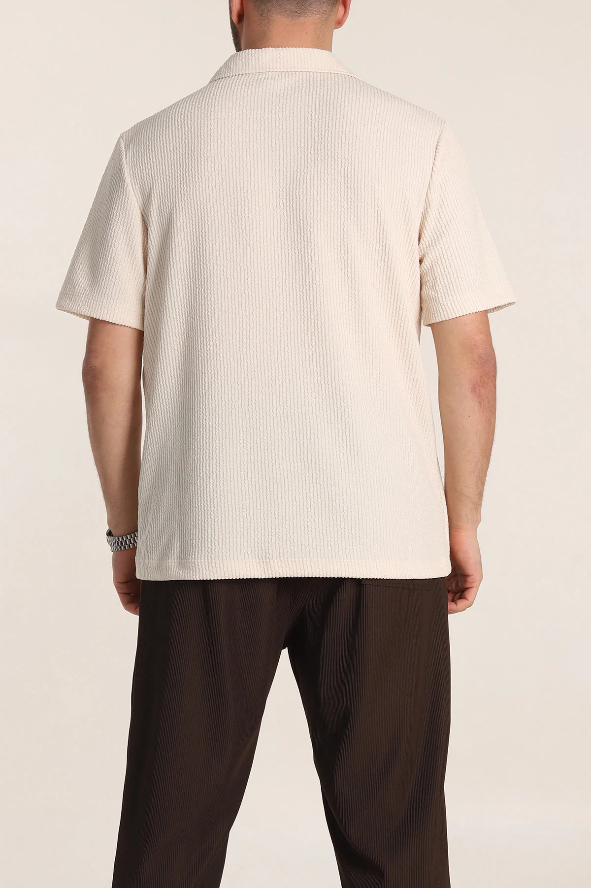 Krem Relaxed Fit Fitilli Doku Fermuarlı Polo Yaka Erkek Tişört 347558