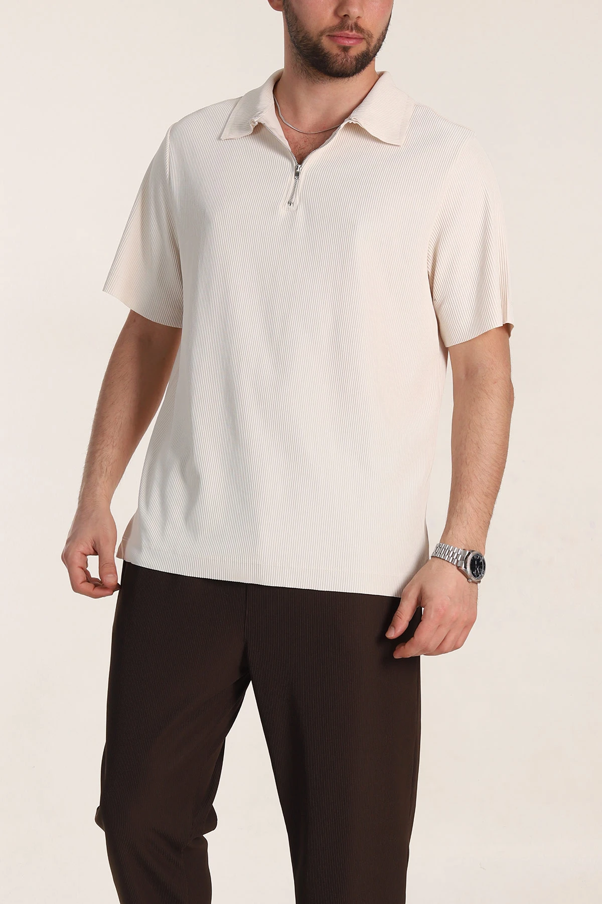 Krem Relaxed Fit Fitilli Doku Fermuarlı Polo Yaka Erkek Tişört 348147