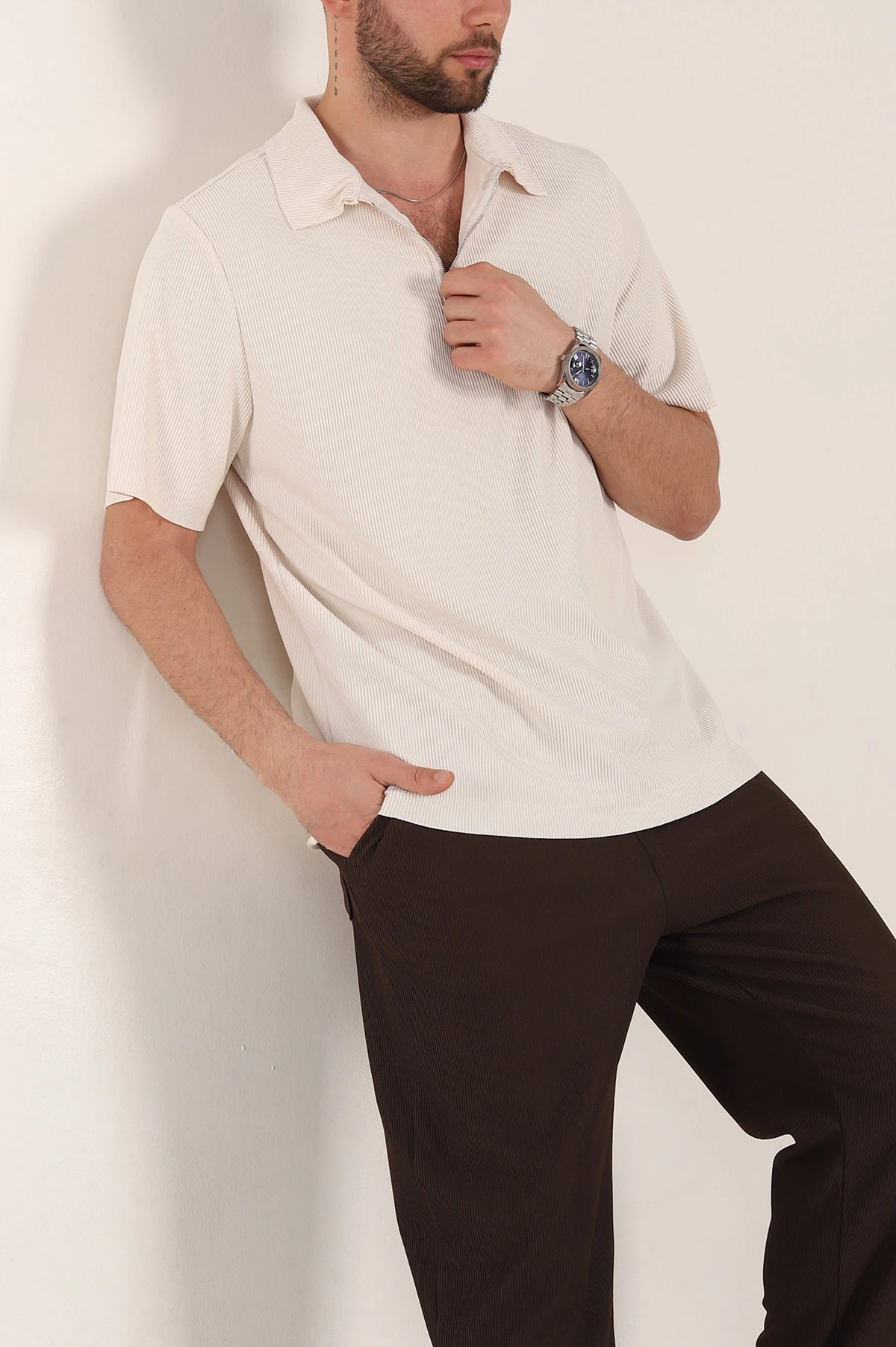 Krem Relaxed Fit Fitilli Doku Fermuarlı Polo Yaka Erkek Tişört 348147