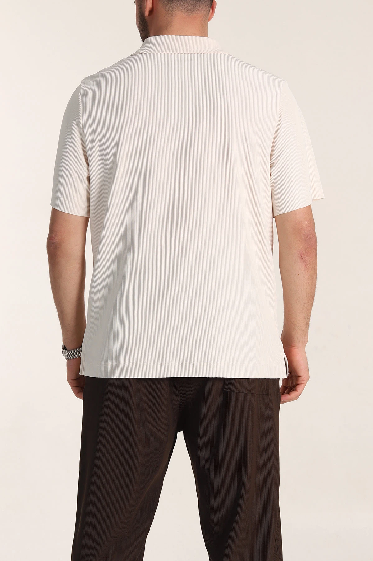Krem Relaxed Fit Fitilli Doku Fermuarlı Polo Yaka Erkek Tişört 348147