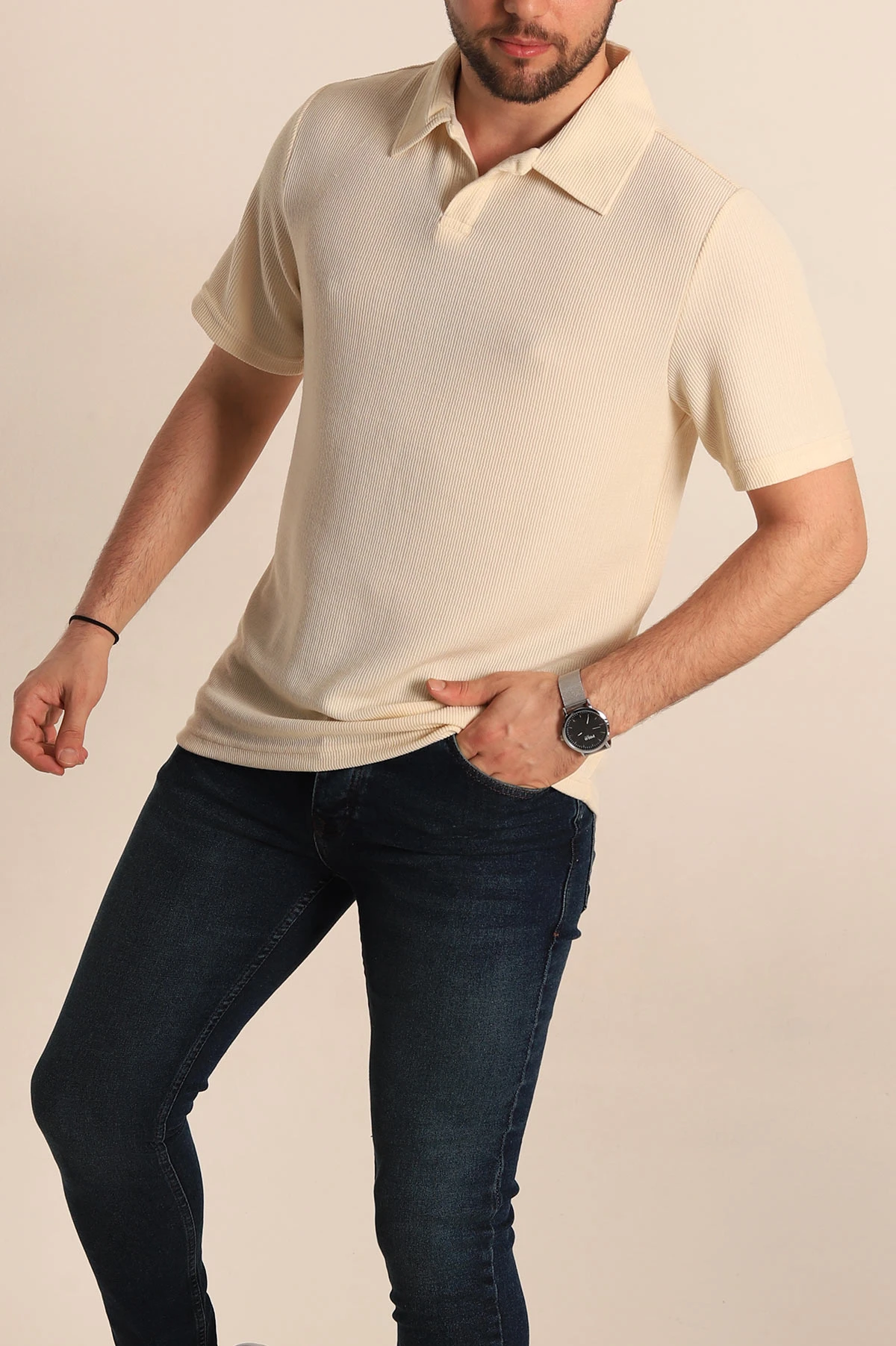 Krem Relaxed Fit Fitilli Doku Polo Yaka Erkek Tişört 268863