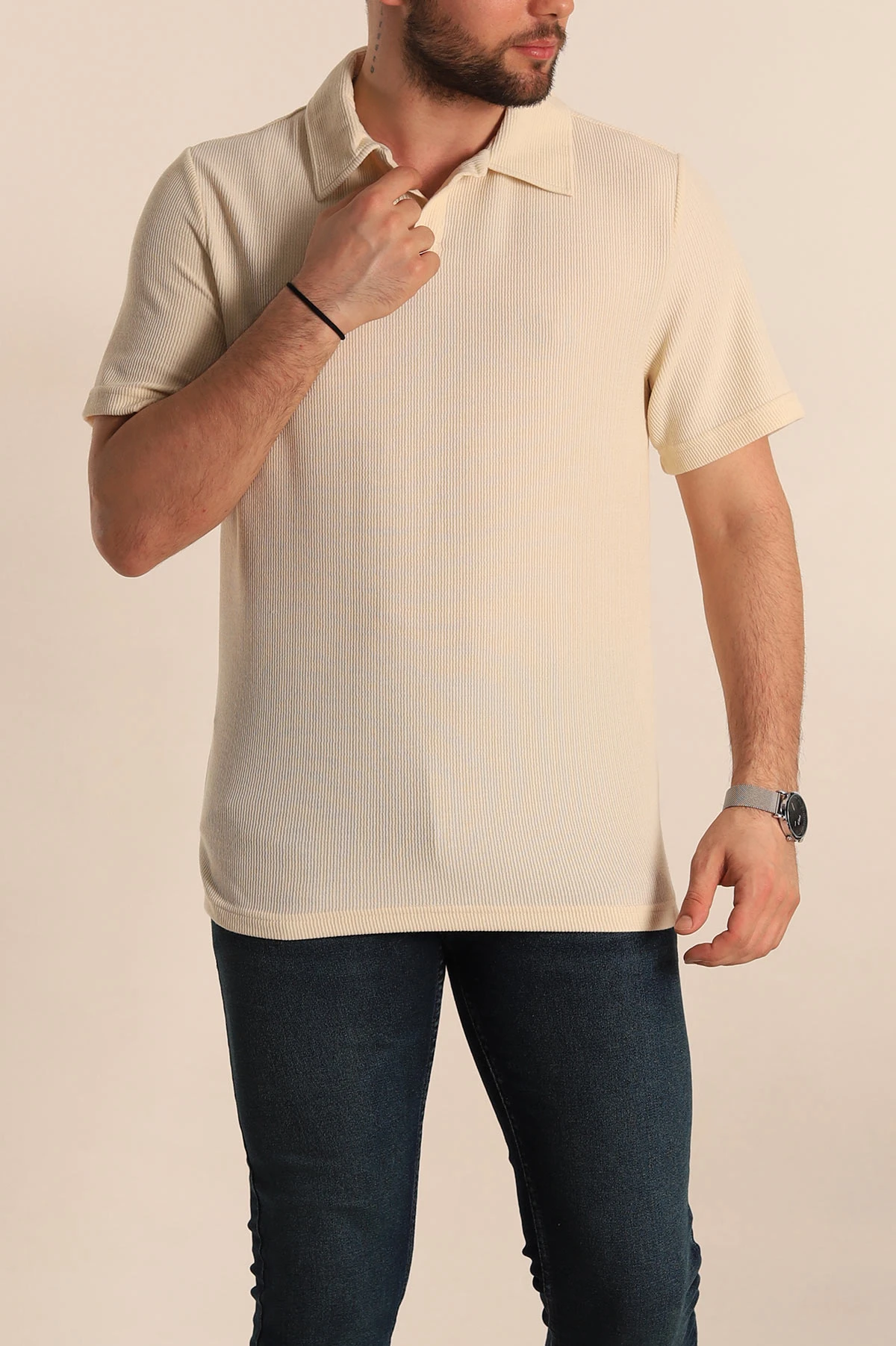 Krem Relaxed Fit Fitilli Doku Polo Yaka Erkek Tişört 268863