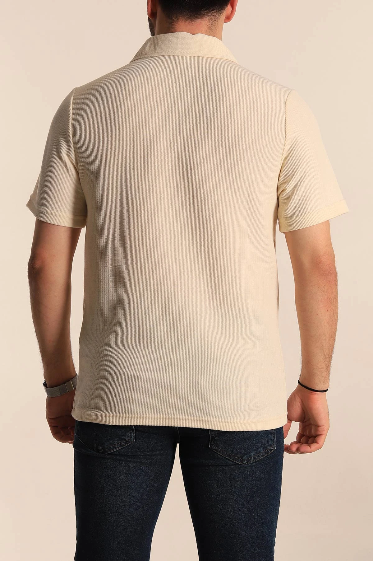 Krem Relaxed Fit Fitilli Doku Polo Yaka Erkek Tişört 268863