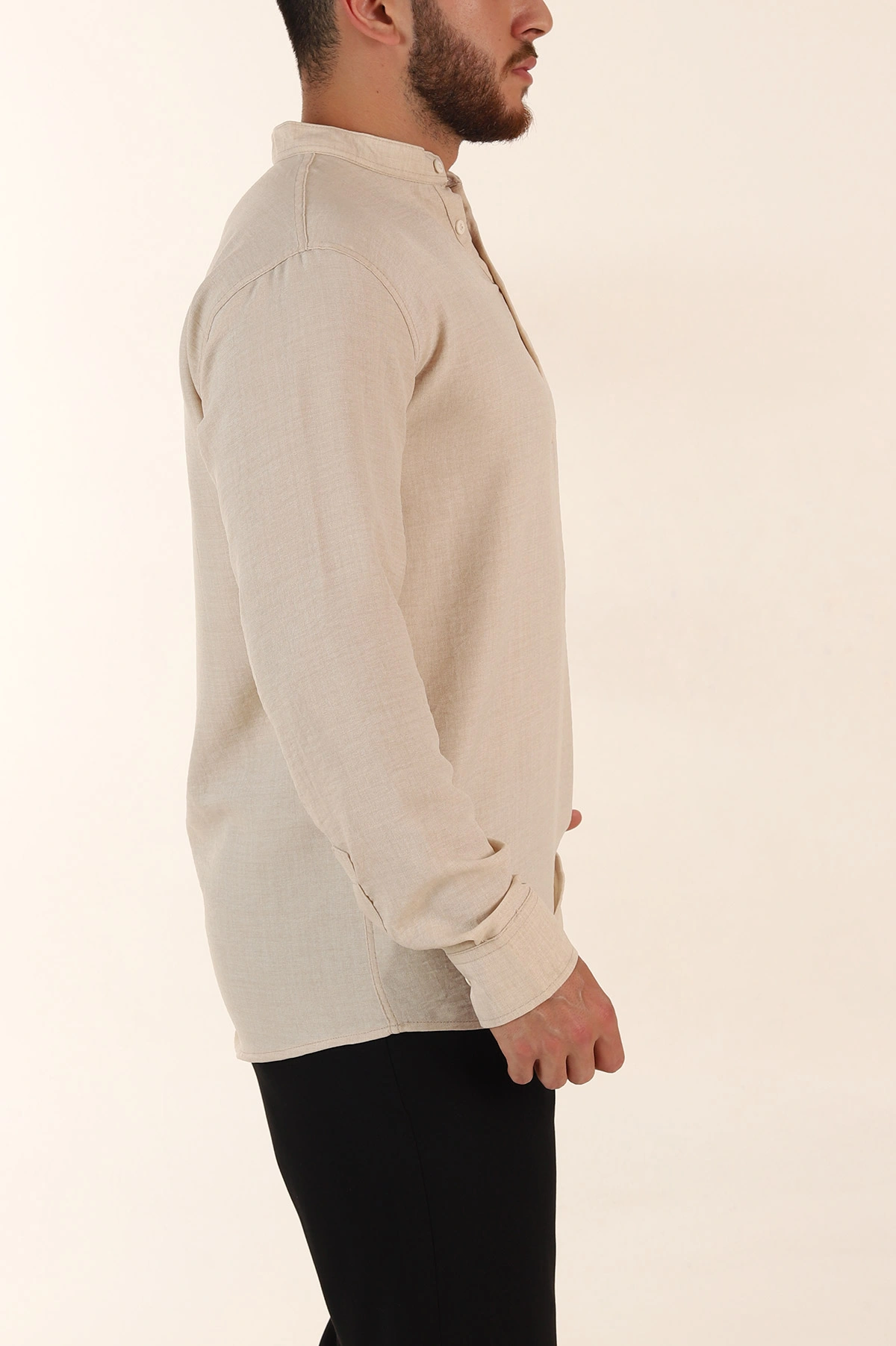 Krem Relaxed Fit Hakim Yaka Yarım Düğmeli Erkek Gömlek 369849