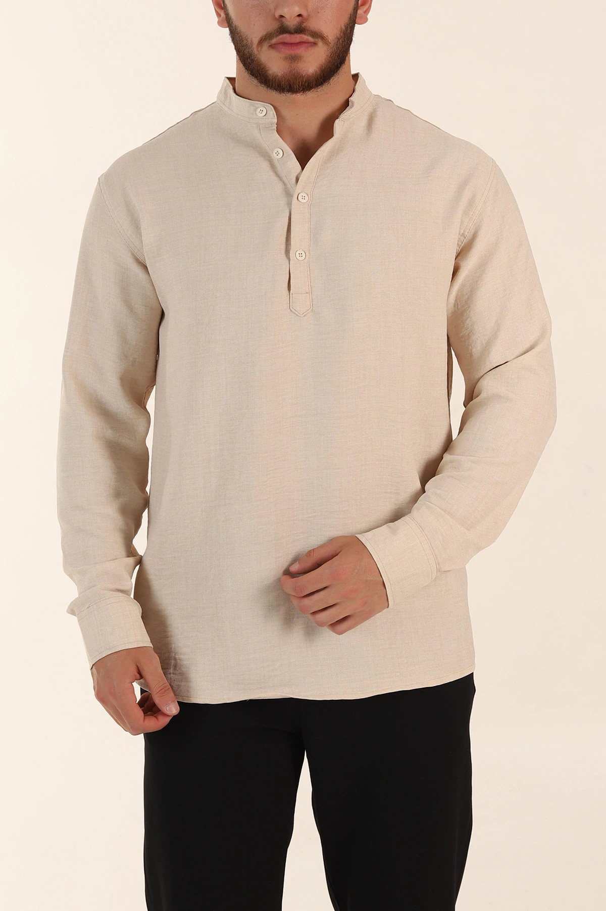 Krem Relaxed Fit Hakim Yaka Yarım Düğmeli Erkek Gömlek 369849