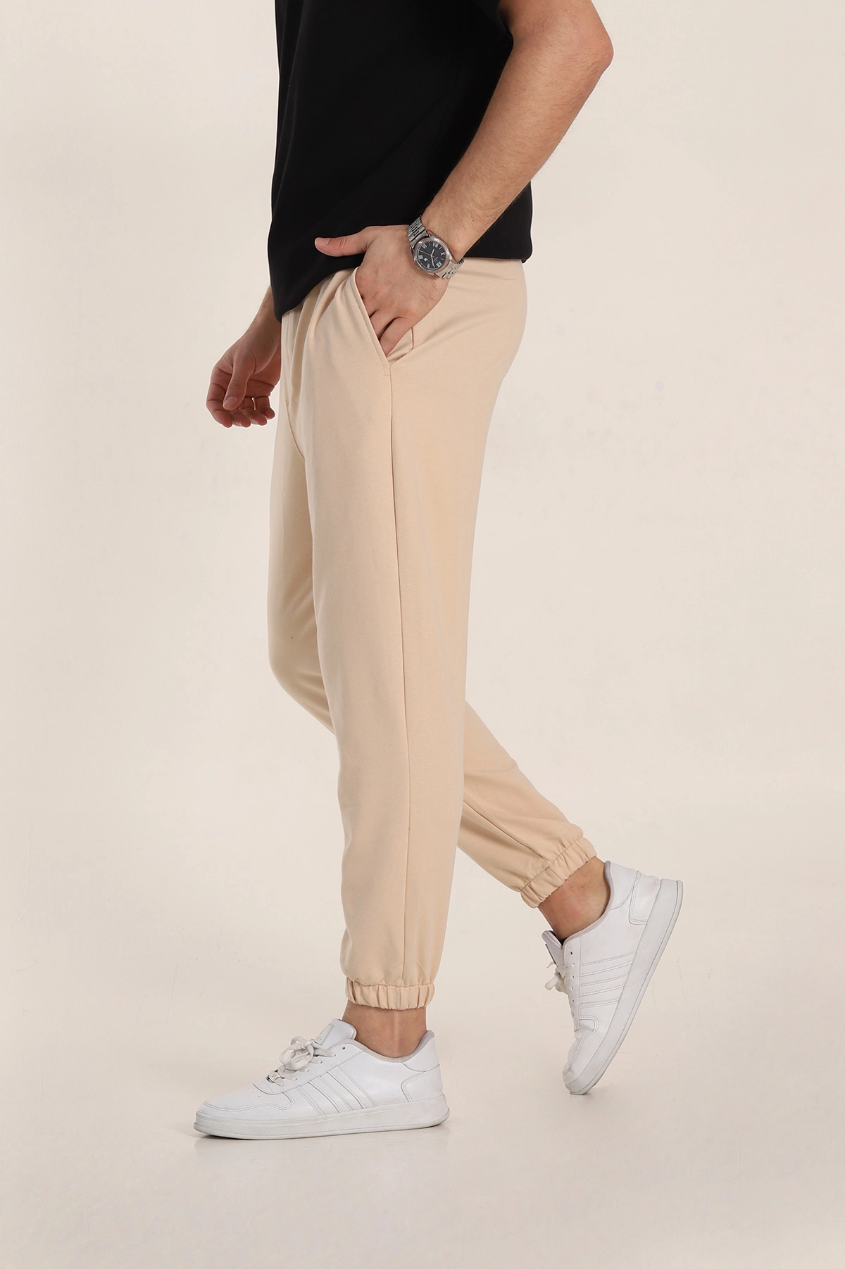Krem Relaxed Fit İki İp Paça Lastikli Eşofman Altı 347595