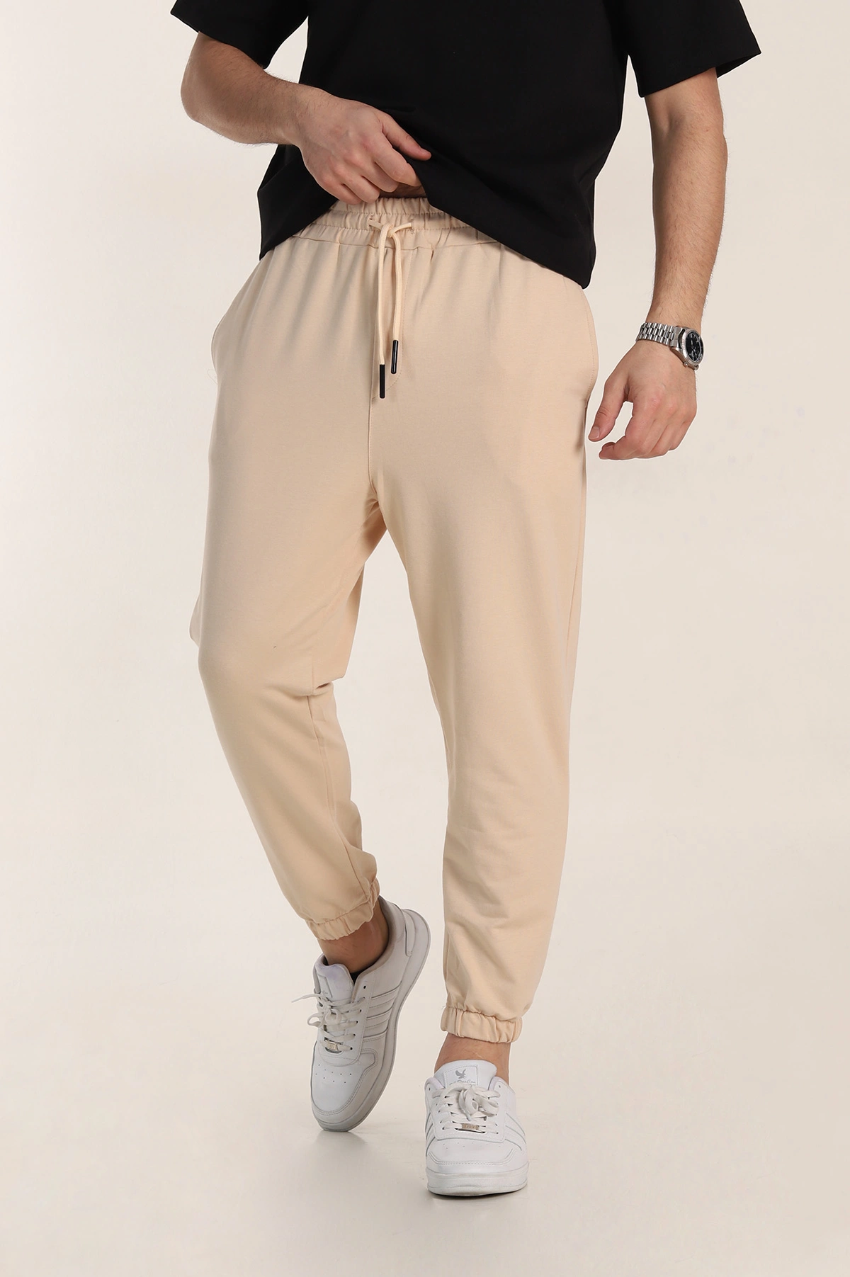 Krem Relaxed Fit İki İp Paça Lastikli Eşofman Altı 347595