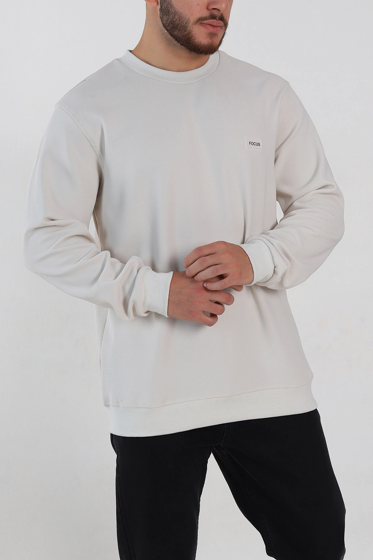 Krem Relaxed Fit İki İp Şardonlu Yazı Detay Likralı Erkek Sweatshirt 311198