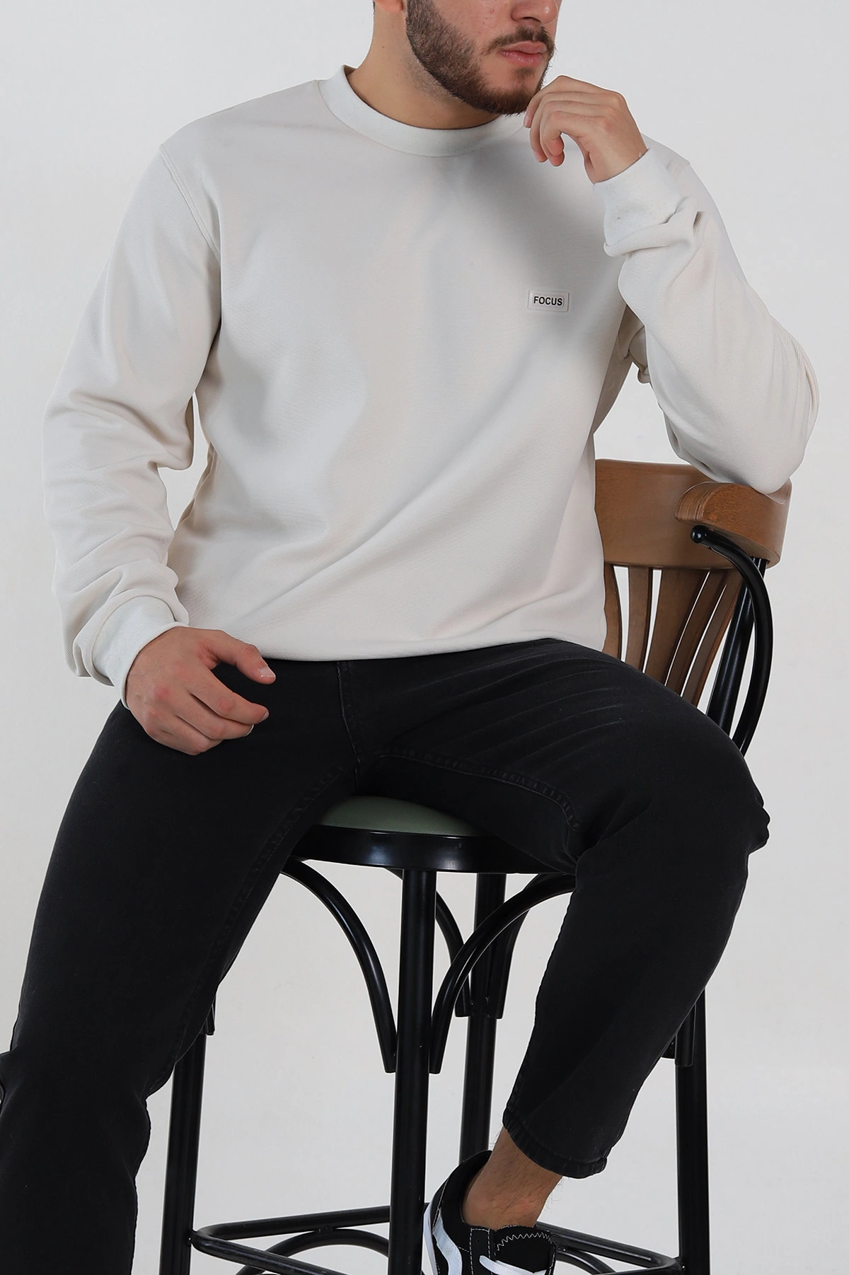 Krem Relaxed Fit İki İp Şardonlu Yazı Detay Likralı Erkek Sweatshirt 311198