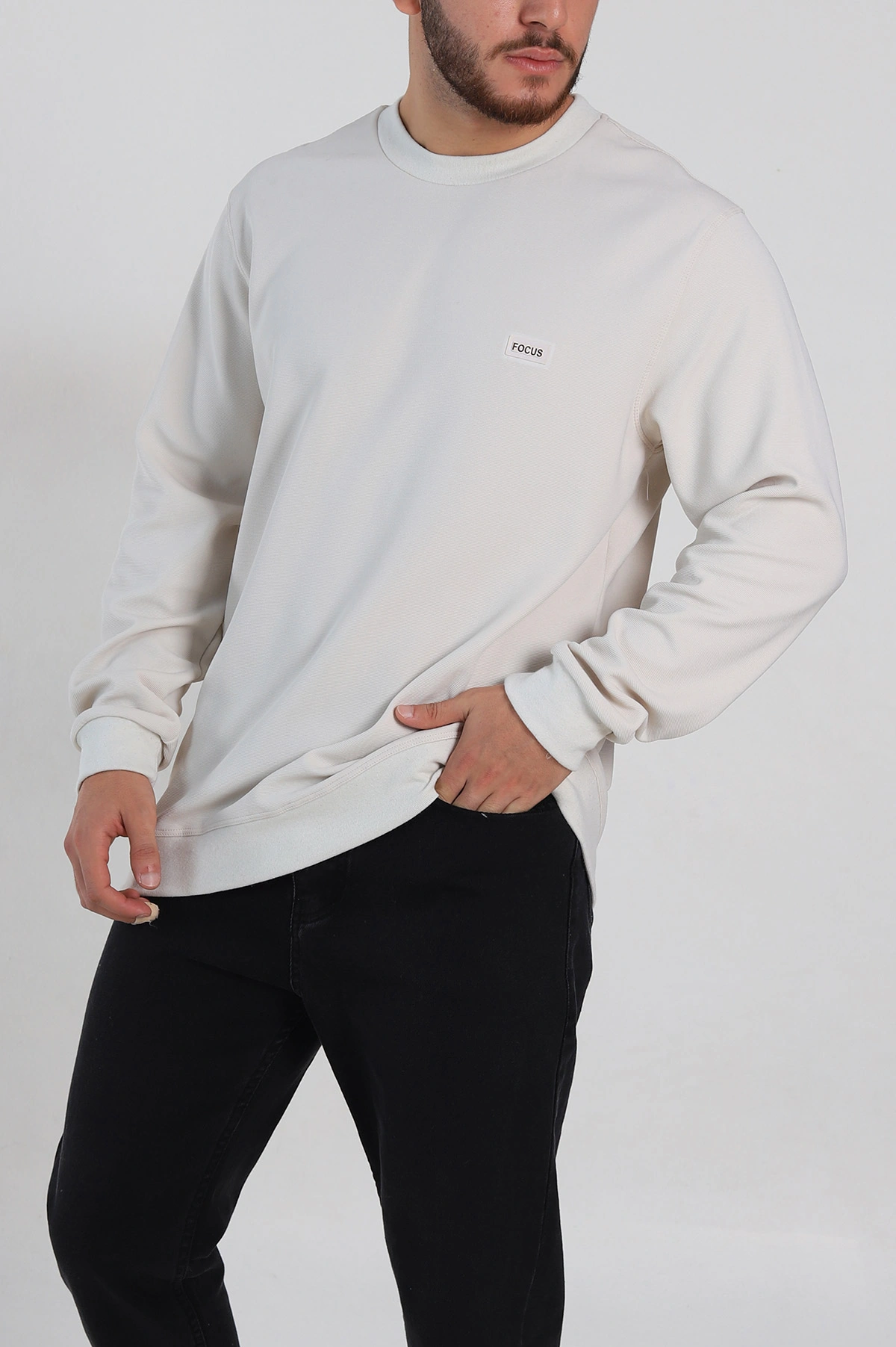 Krem Relaxed Fit İki İp Şardonlu Yazı Detay Likralı Erkek Sweatshirt 311198