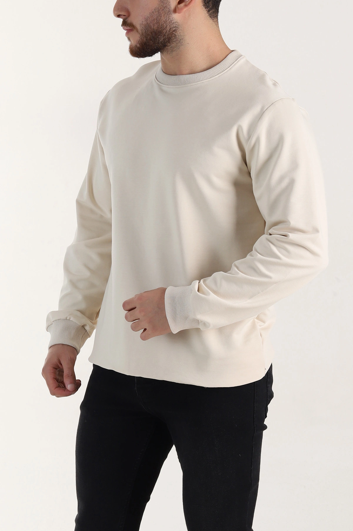 Krem Relaxed Fit İki İp Şardonsuz Basic Erkek Sweatshirt 398124