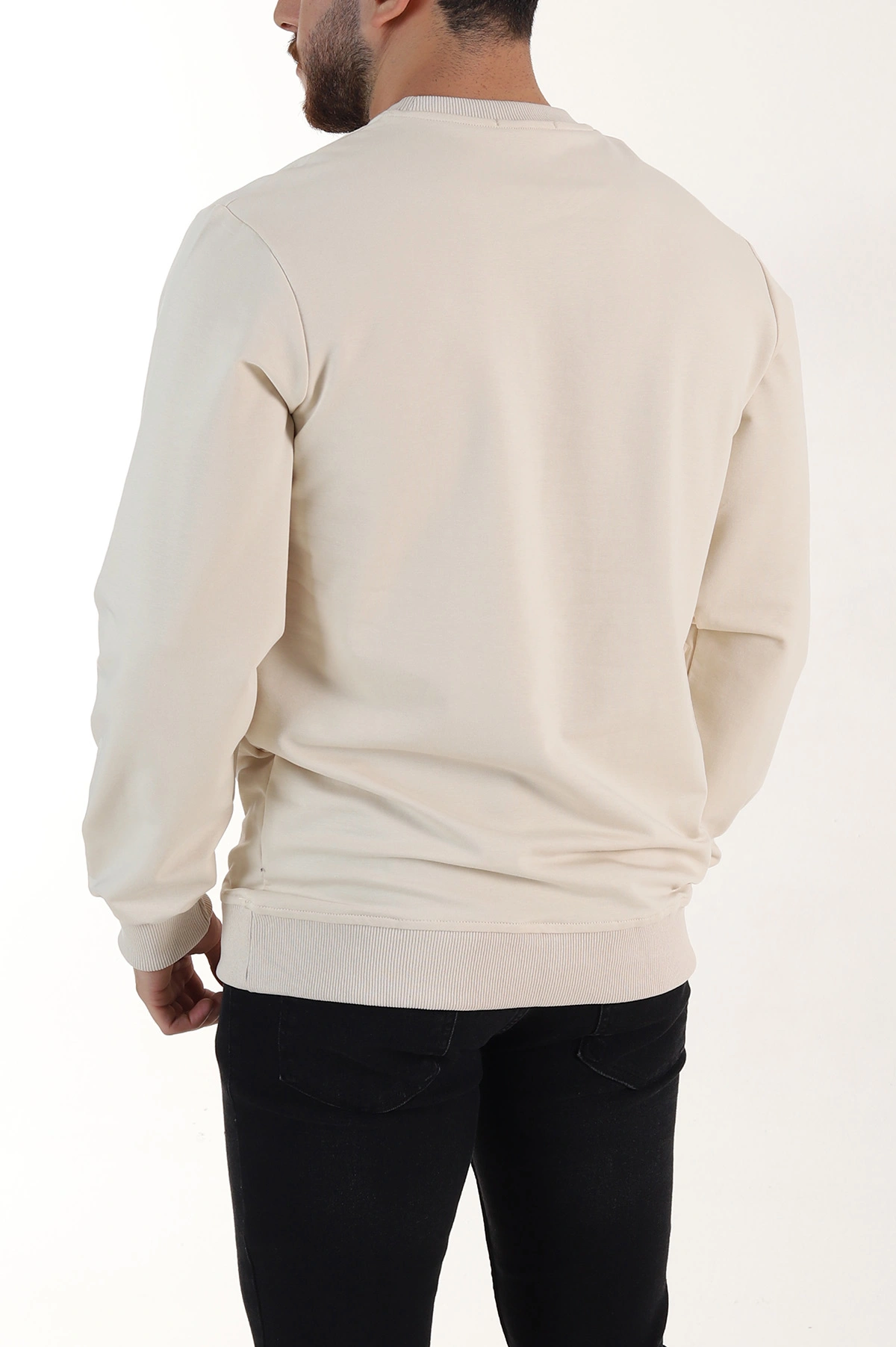 Krem Relaxed Fit İki İp Şardonsuz Basic Erkek Sweatshirt 398124