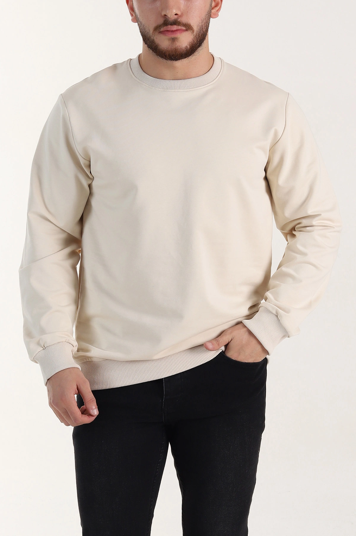 Krem Relaxed Fit İki İp Şardonsuz Basic Erkek Sweatshirt 398124