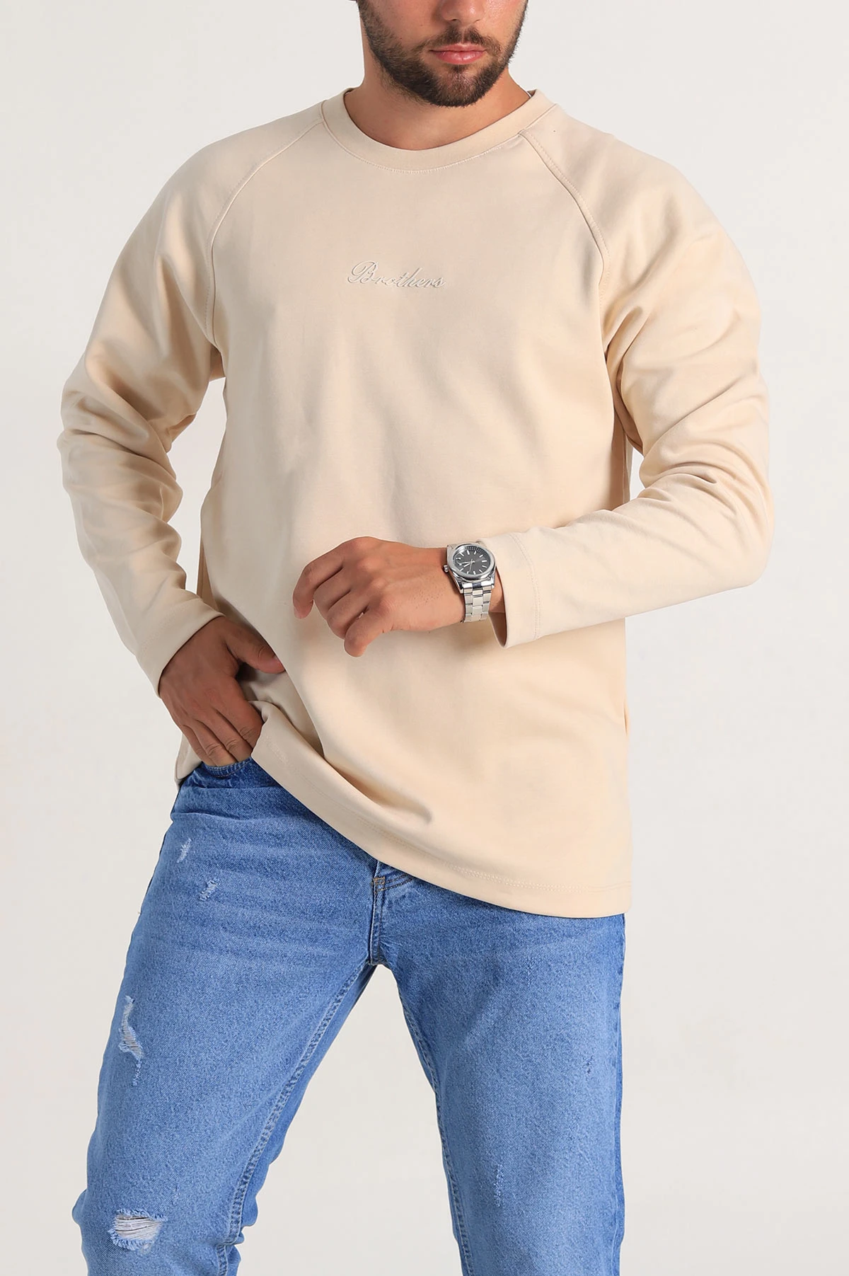 Krem Relaxed Fit İki İp Yazı Detaylı Basic Erkek Sweatshirt 299892